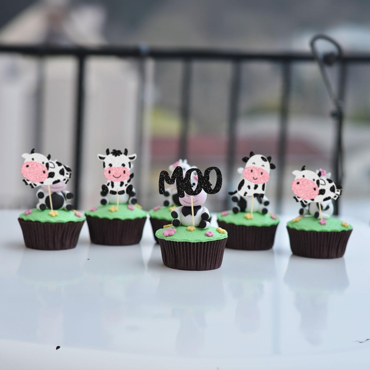 Gyufise 24Pcs Cow Cupcake Toppers - Glitter Farm Animals Moo Picks for Baby Shower & Birthday Cakes