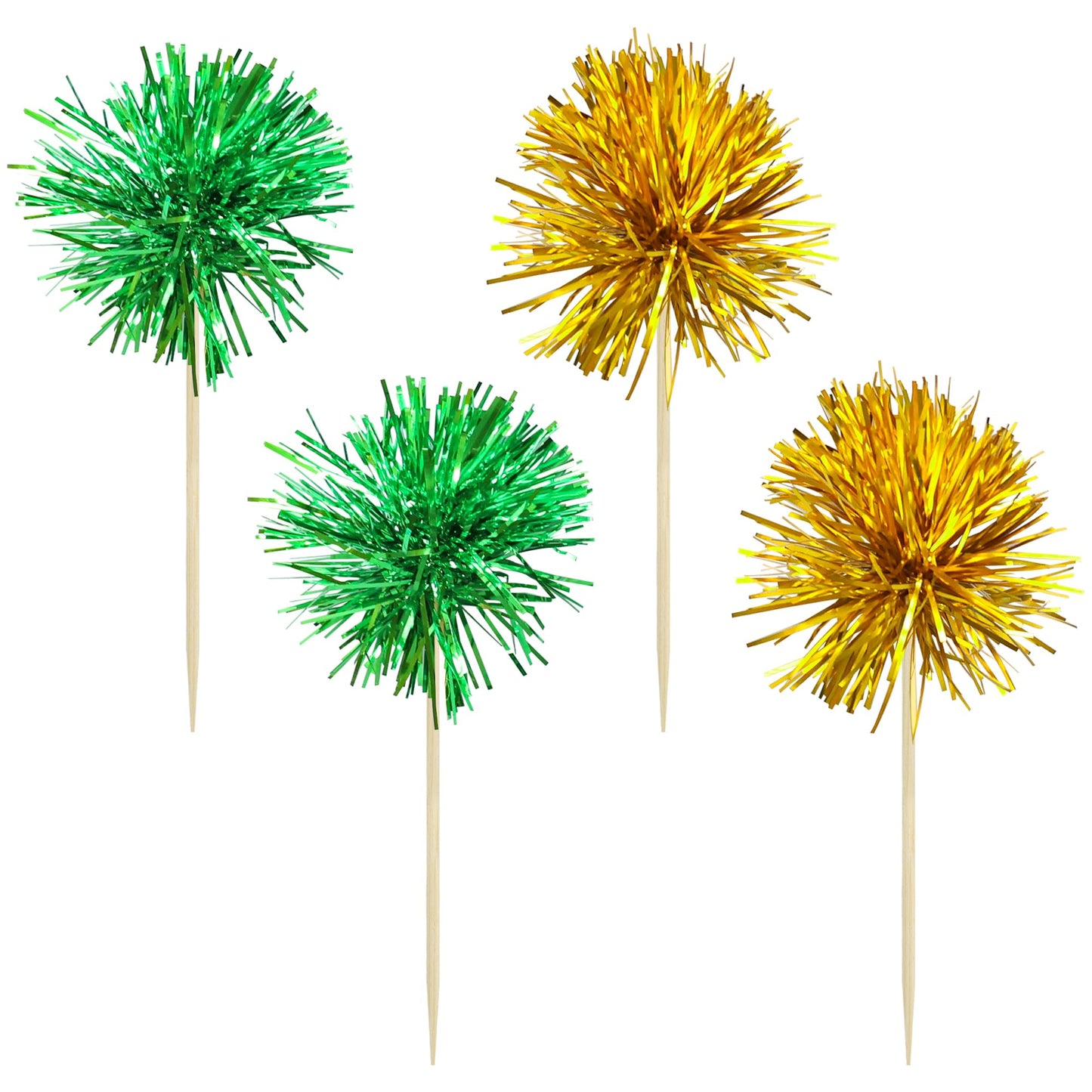 Gyufise 30Pcs Foil Firework Cupcake Toppers – Sparkle Gold & Green Party Picks