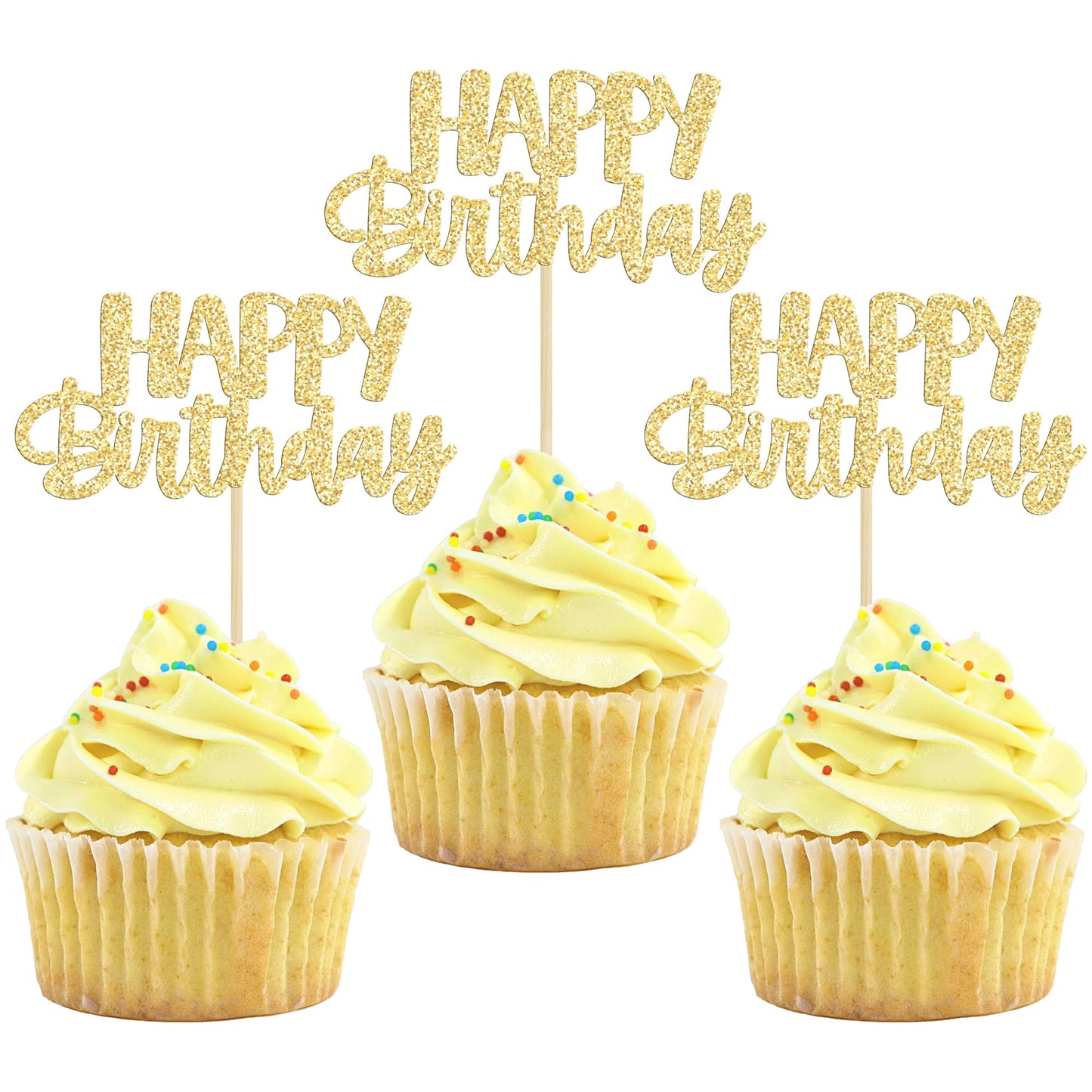 Gyufise 24Pcs Happy Birthday Cupcake Toppers - Gold Glitter Cake Picks for Birthday, Baby Shower & Party Decor
