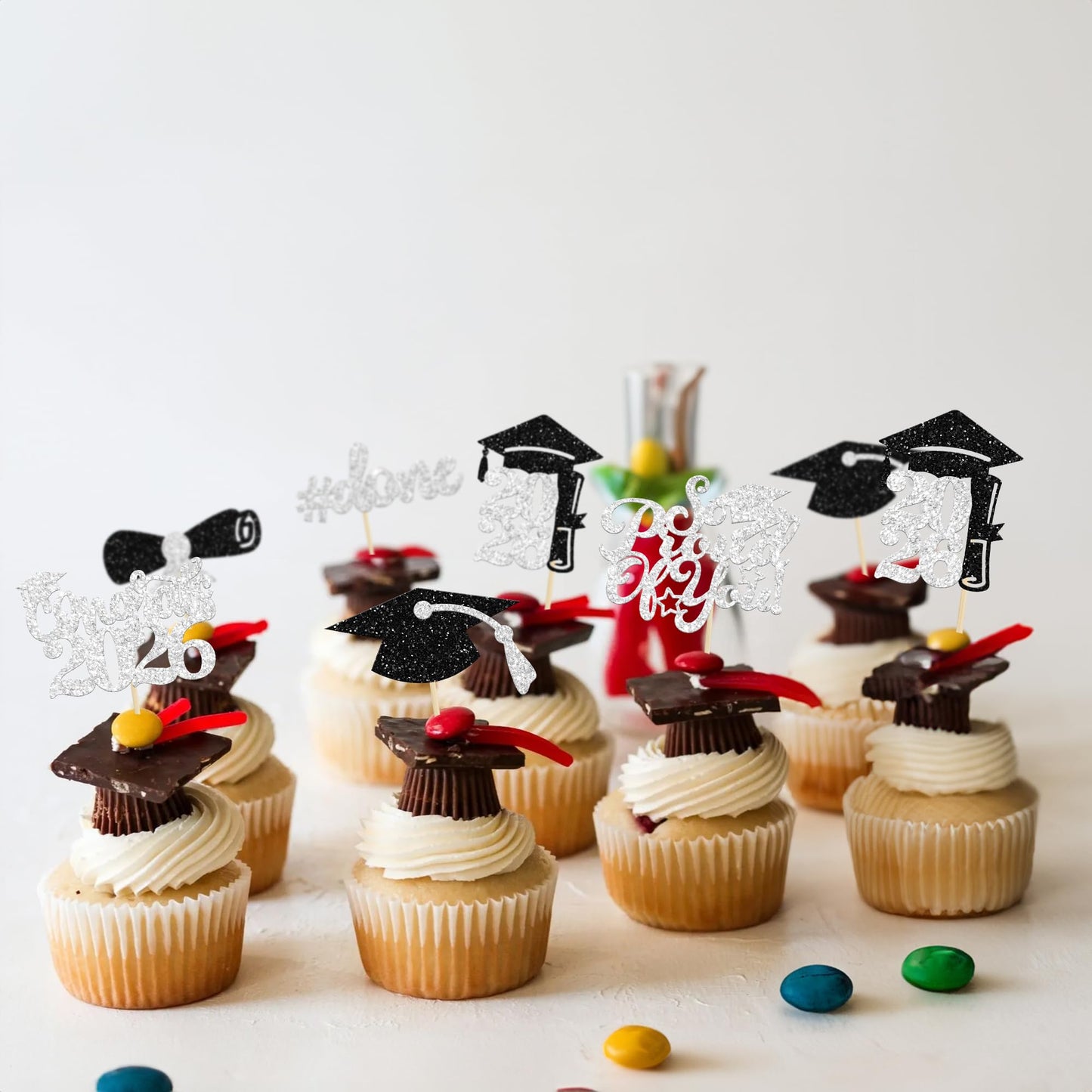 Gyufise 24Pcs Graduation Cupcake Toppers 2026 — Silver Glitter Class of 2026 Decor