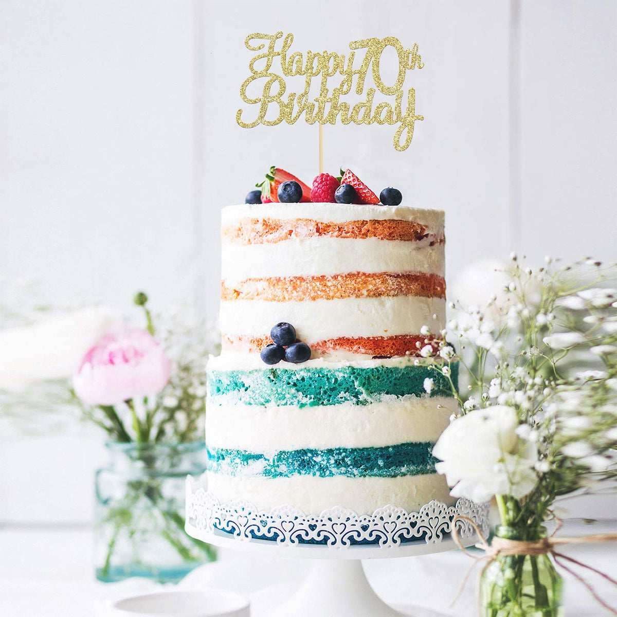 Gyufise 1 Pack Gold Happy 70th Birthday Cake Topper | Glitter 70th Birthday Party Decoration