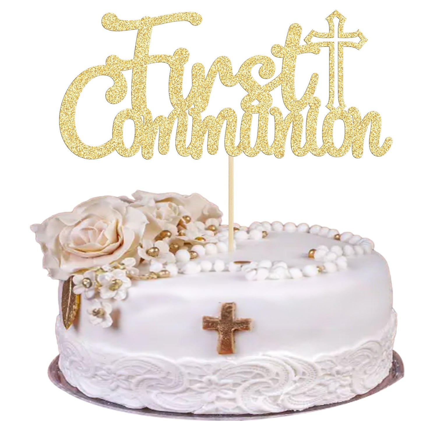 Gyufise Gold Glitter First Communion Cake Topper – 1Pcs God Bless Decoration