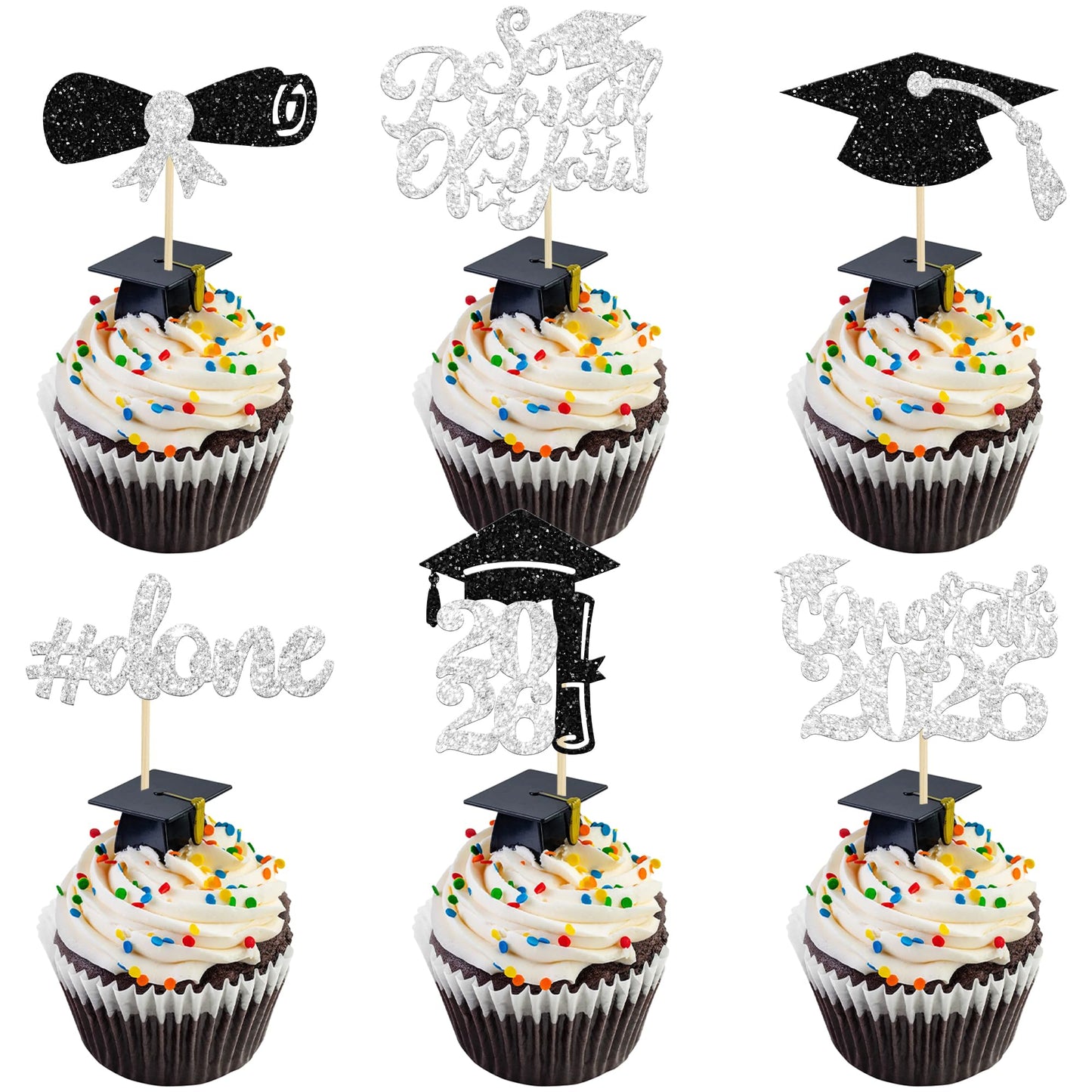 Gyufise 24Pcs Graduation Cupcake Toppers 2026 — Silver Glitter Class of 2026 Decor