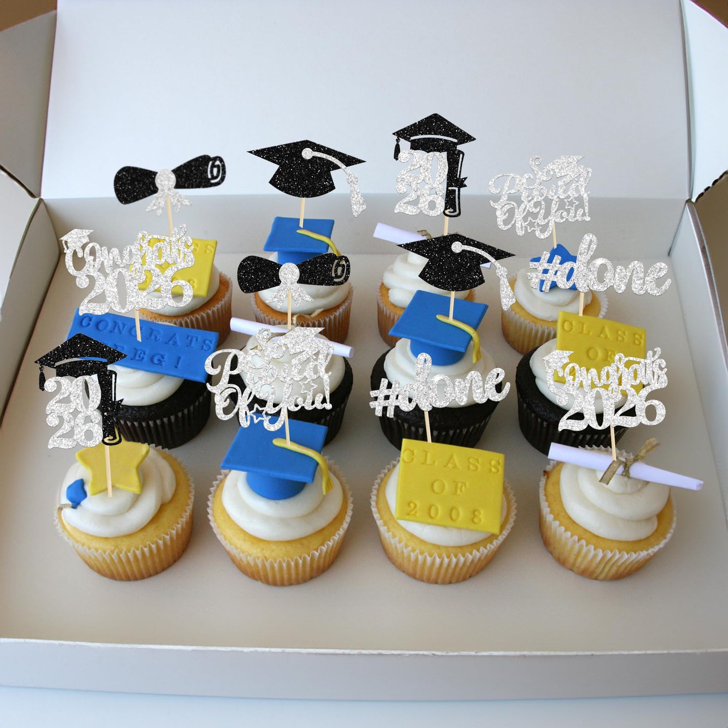 Gyufise 24Pcs Graduation Cupcake Toppers 2026 — Silver Glitter Class of 2026 Decor