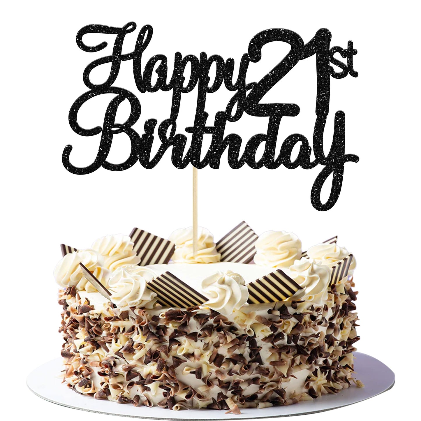 Gyufise 21st Birthday Cake Topper - Black Glitter Happy 21 Cake Decoration