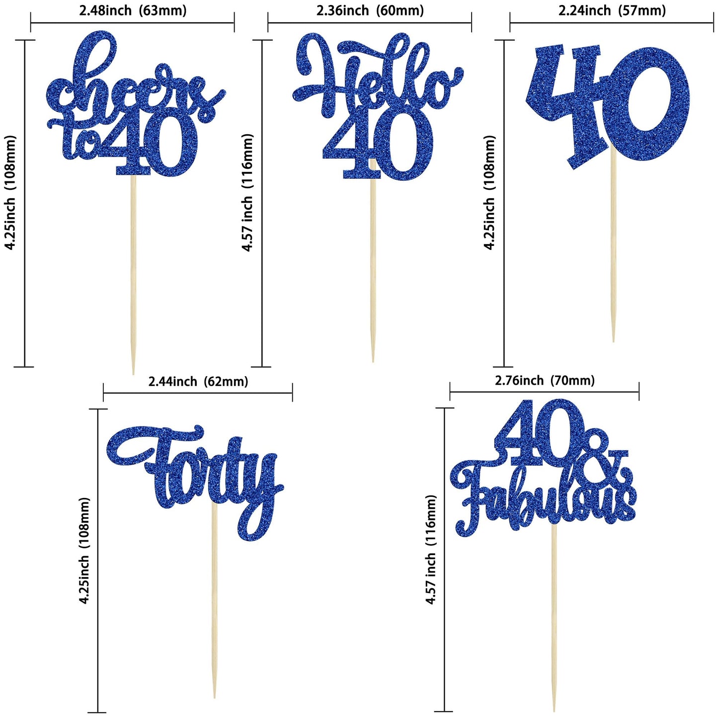 Gyufise 24Pcs Happy 40th Birthday Cupcake Toppers – Deep Blue Glitter, Cheers to 40 Years Old Party Decor