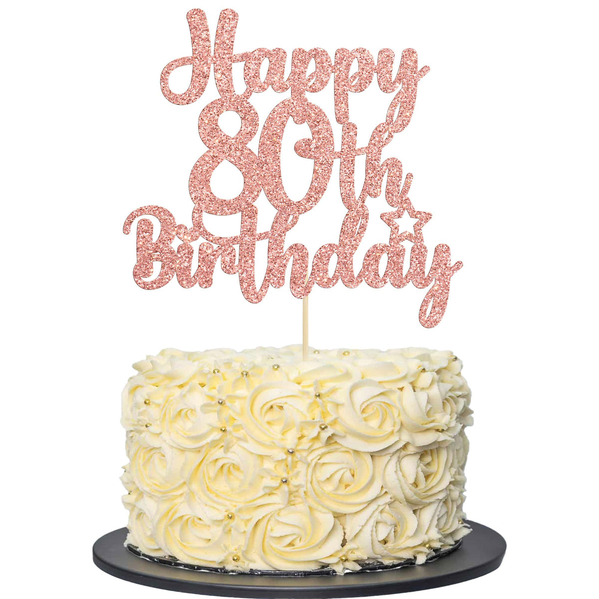 Gyufise 1Pc Happy 80th Birthday Cake Topper – Rose Gold Glitter, Cheers to 80 Years