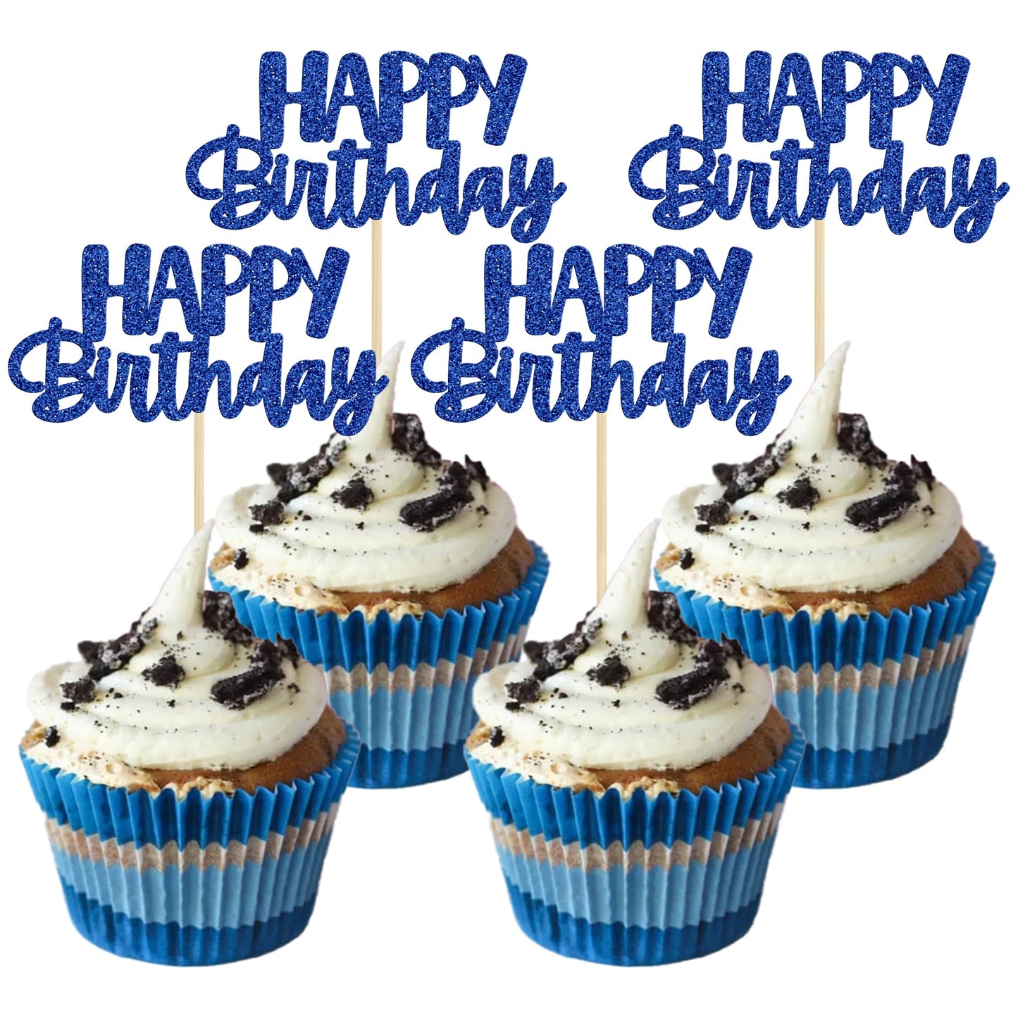 Gyufise 24Pcs Happy Birthday Cupcake Toppers - Blue Glitter Party Picks
