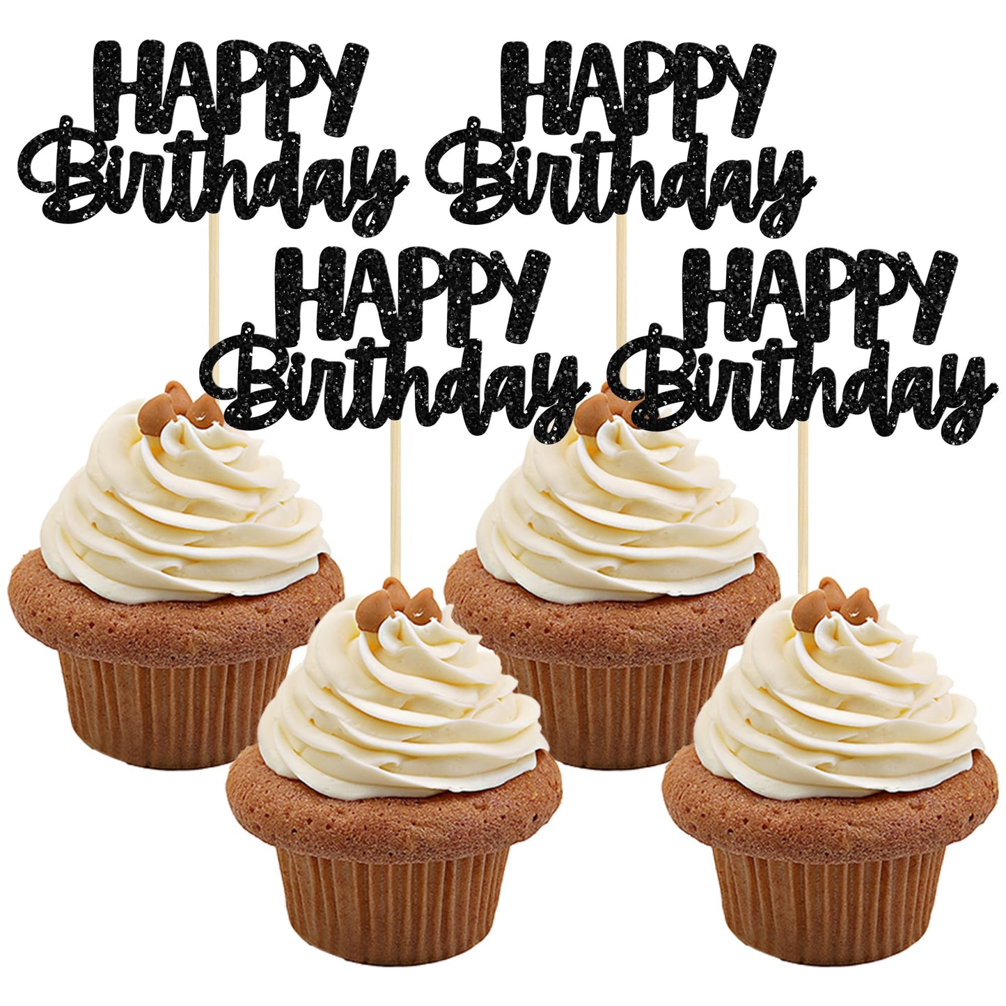 Gyufise Black Glitter Happy Birthday Cupcake Toppers – 24-Pack Cake Decorations