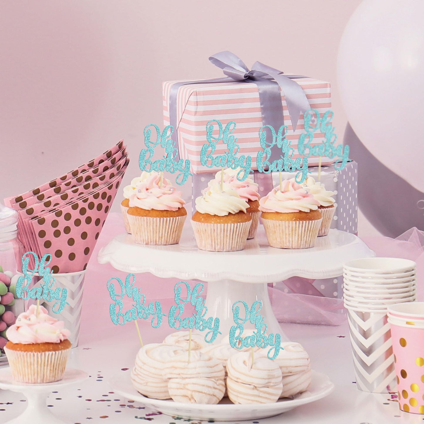 Gyufise 36Pcs Oh Baby Glitter Cupcake Toppers – Light Blue Baby Shower Picks