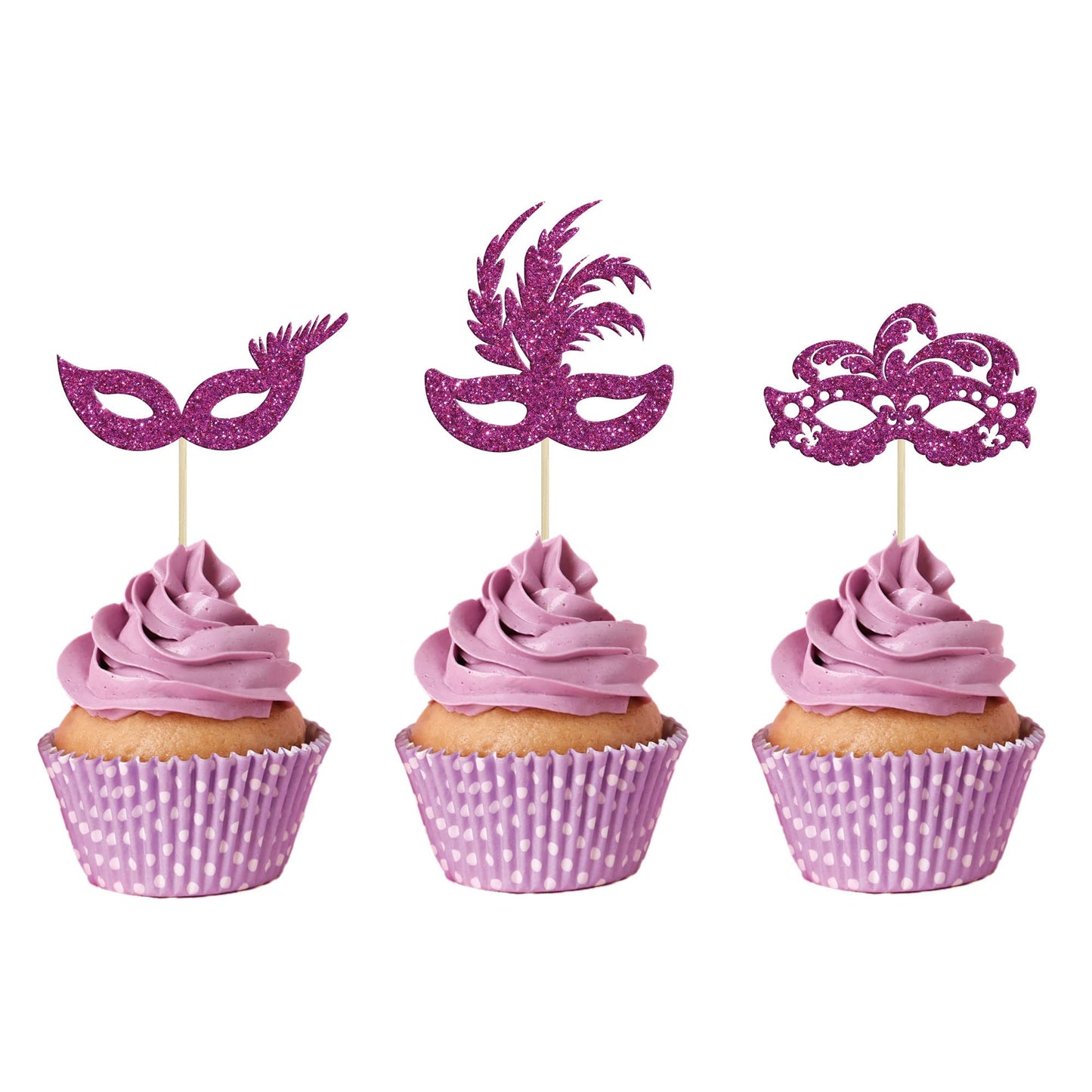Gyufise 24Pcs Masquerade Masks Cupcake Toppers – Purple Glitter Party Decor