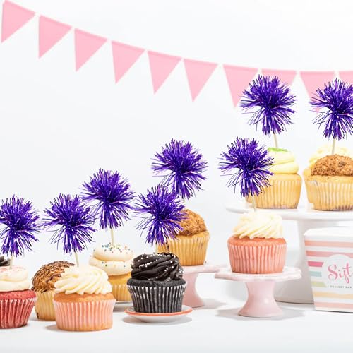 Gyufise 30Pcs Foil Firework Cupcake Toppers – Sparkle Tinsel Cake Decorations (Dark Purple) for Birthday, Wedding & Party