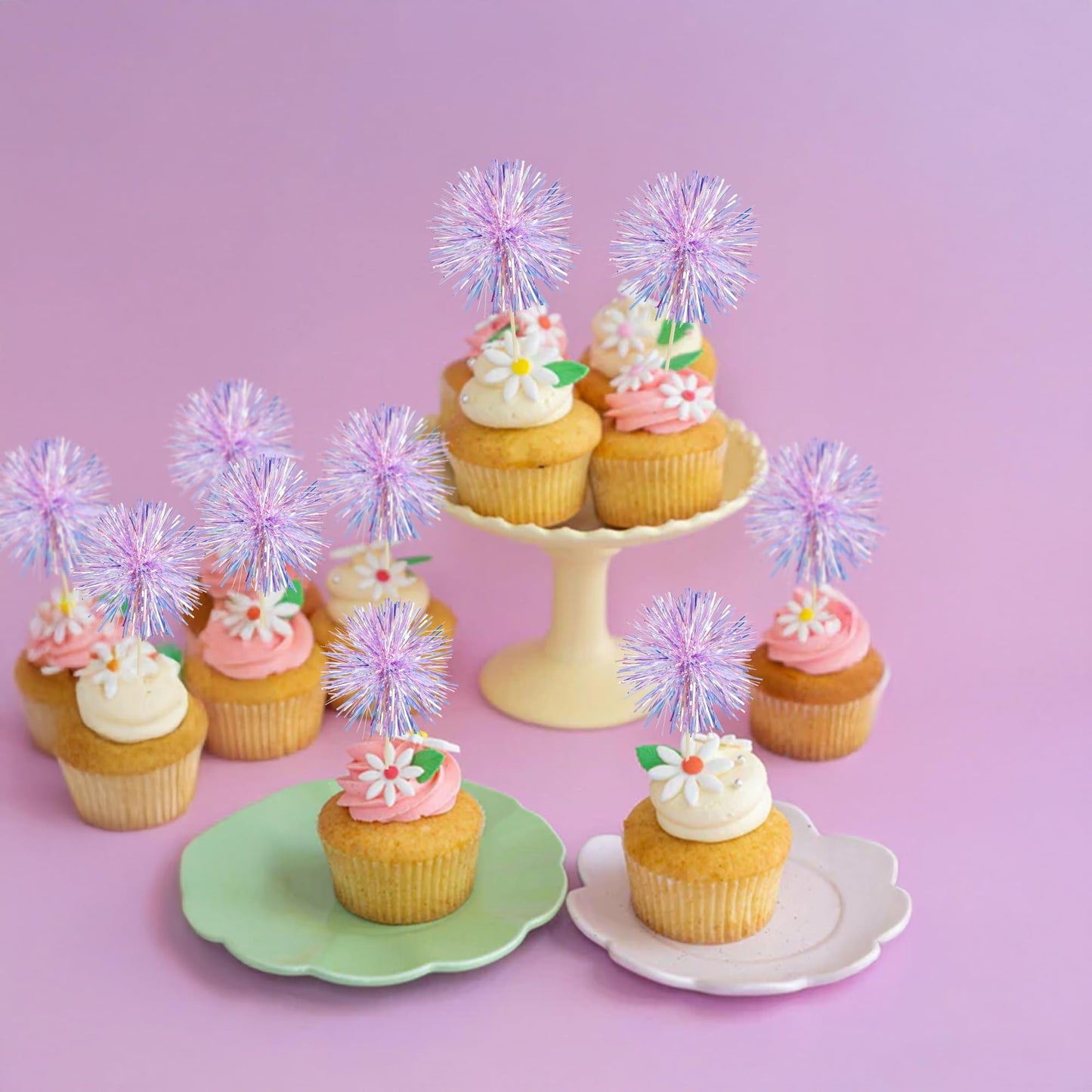 Gyufise 30Pcs Foil Firework Cupcake Toppers – Laser Purple Sparkle