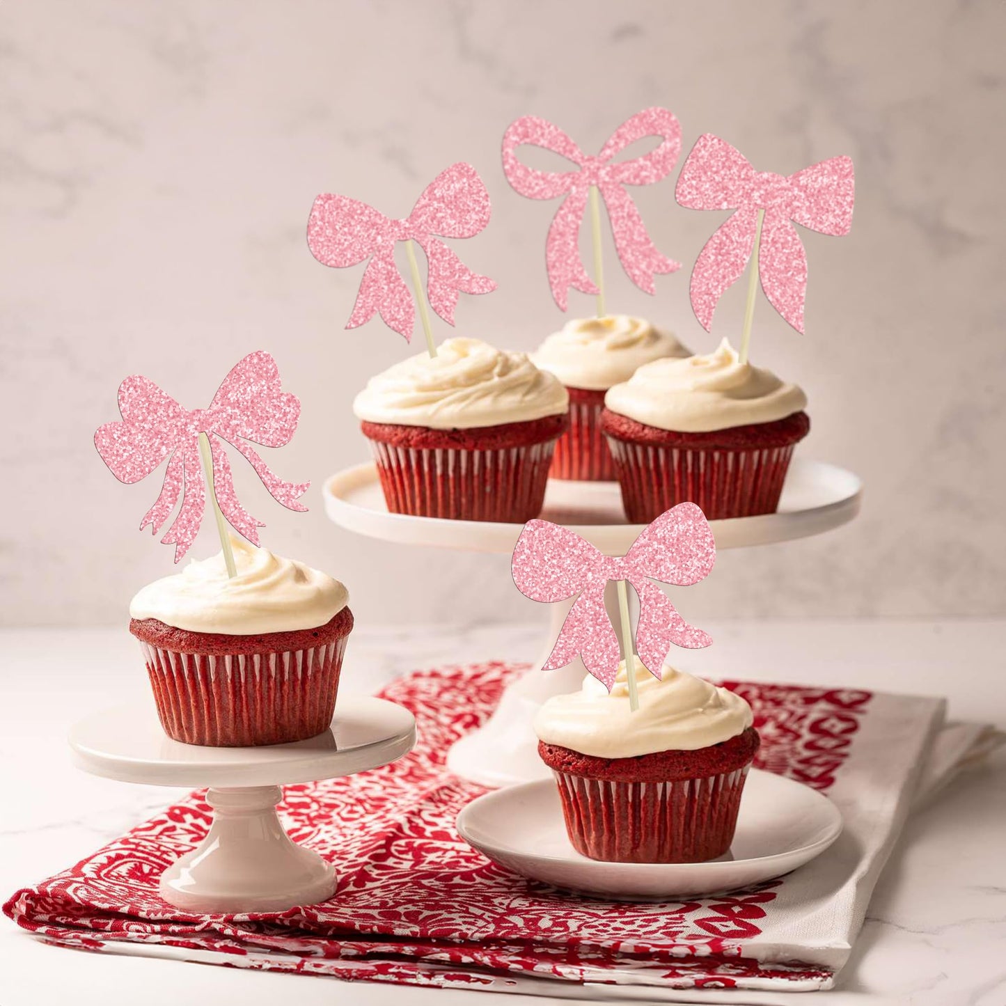 Gyufise 36Pcs Pink Glitter Bow Cupcake Toppers – Bowknot Cake Picks for Birthday & Showers