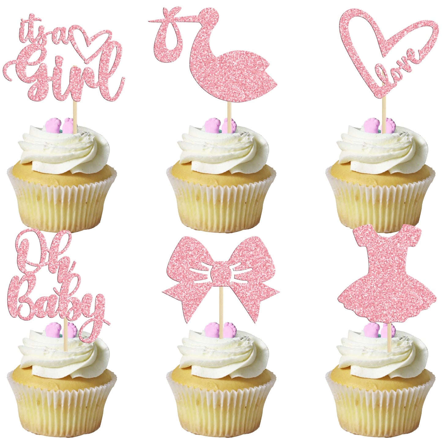 Gyufise 36-Pack Oh Baby Cupcake Toppers – Girl Theme Pink Glitter Cake Picks