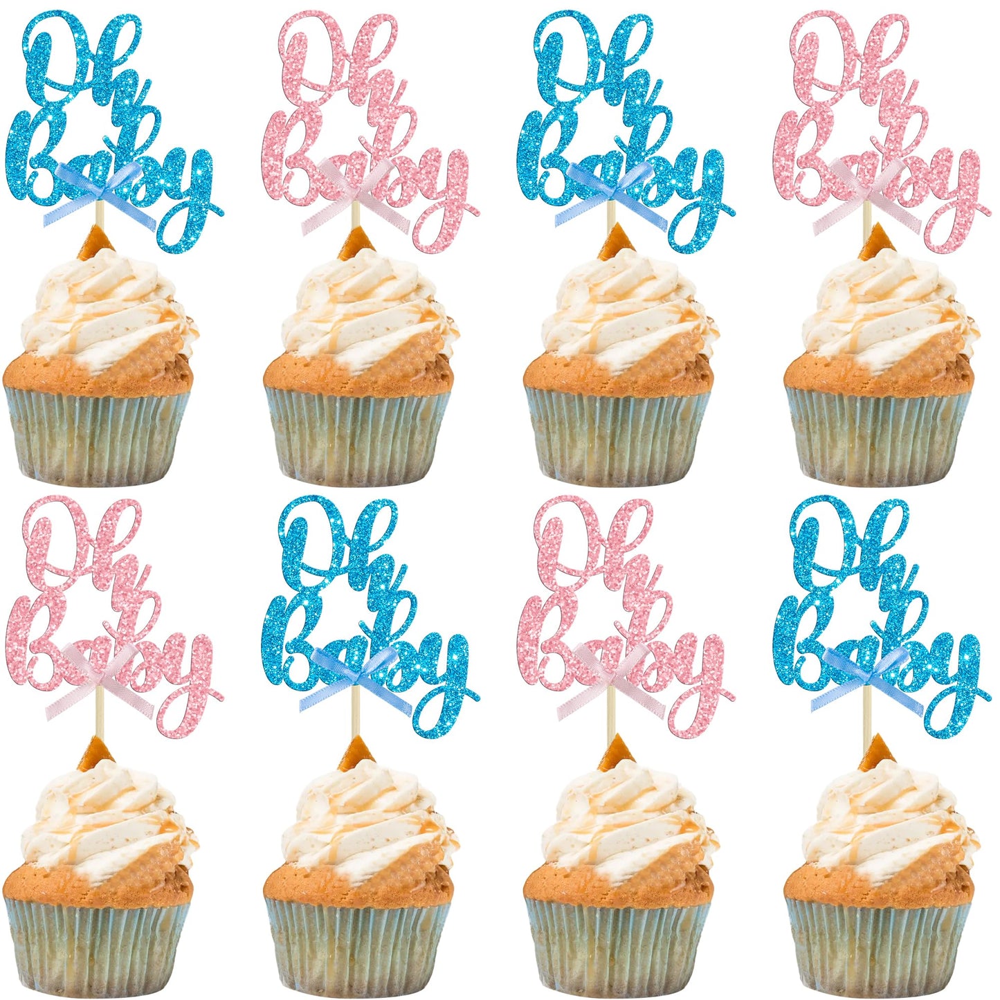 Gyufise 36Pcs Oh Baby Cupcake Toppers - Pink Blue Glitter Bow for Baby Shower & Gender Reveal