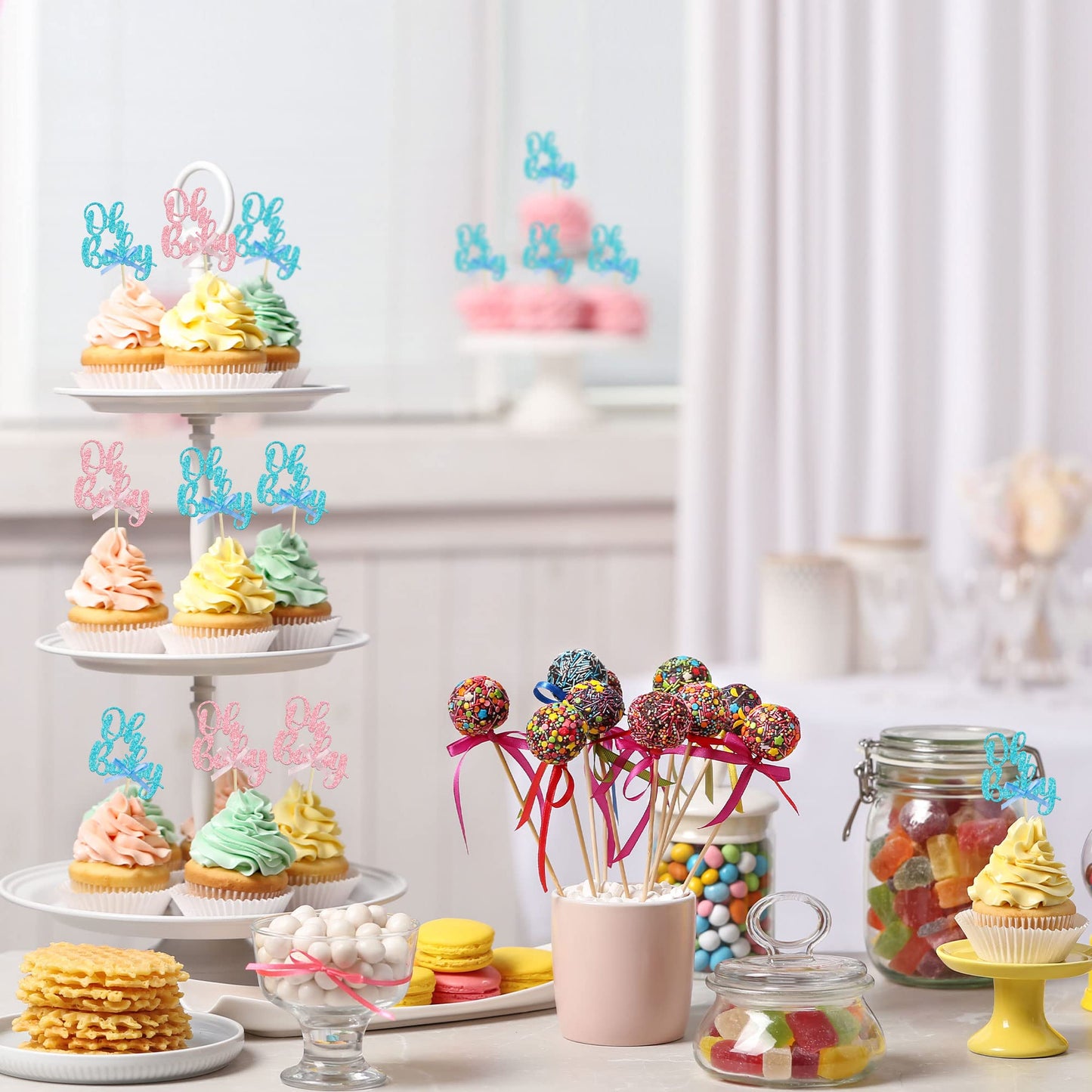 Gyufise 36Pcs Oh Baby Cupcake Toppers - Pink Blue Glitter Bow for Baby Shower & Gender Reveal