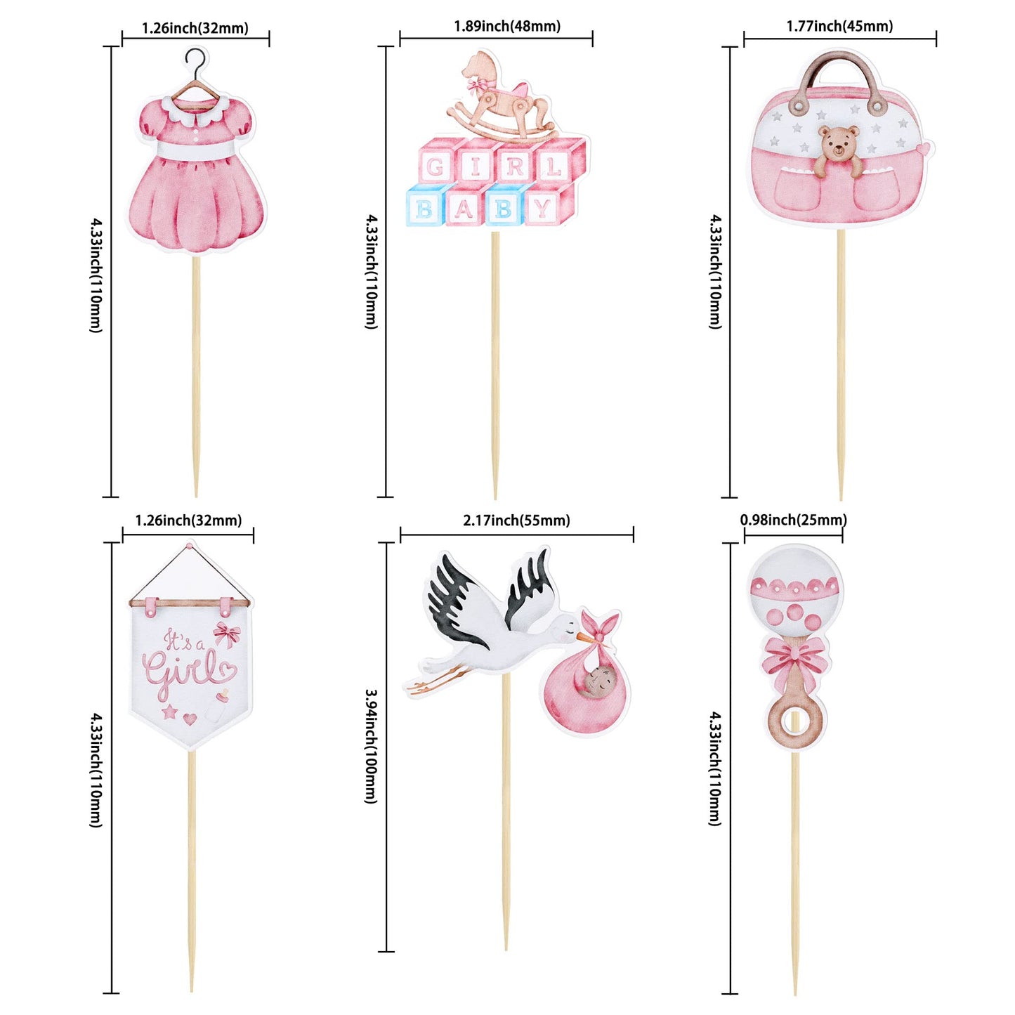 Gyufise 36Pcs Baby Shower Cupcake Toppers – Swan Pacifier Cloud Moon Star Pink