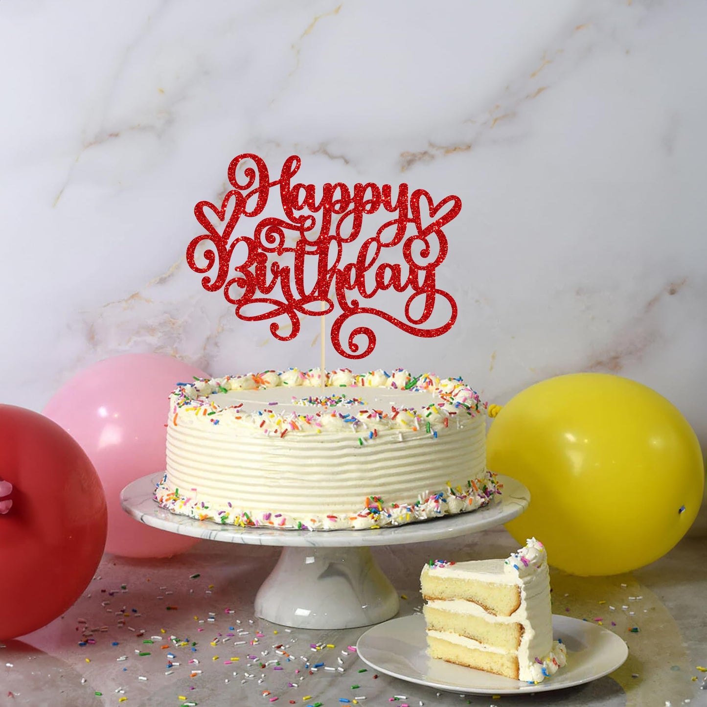 Gyufise Happy Birthday Cake Topper – Red Glitter Cake Pick, 1 Pcs