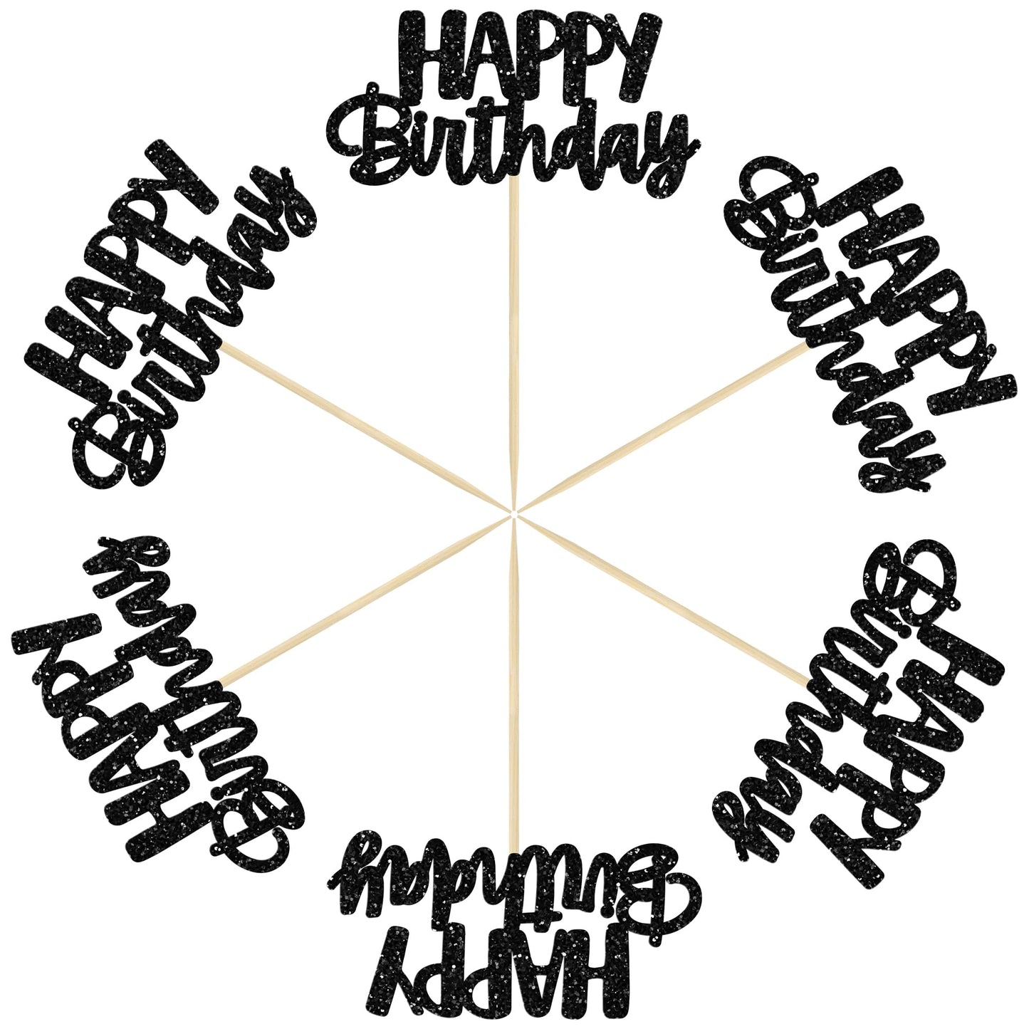 Gyufise Black Glitter Happy Birthday Cupcake Toppers – 24-Pack Cake Decorations