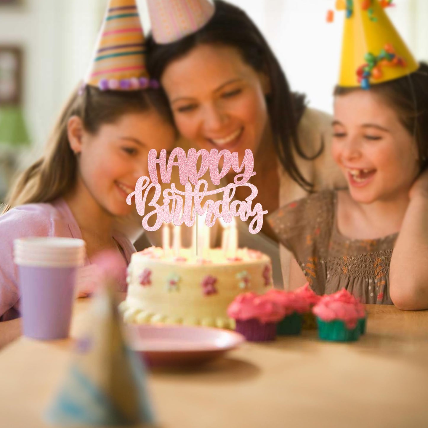 Gyufise 1Pcs Happy Birthday Cake Topper Glitter Pink – Cake Decoration