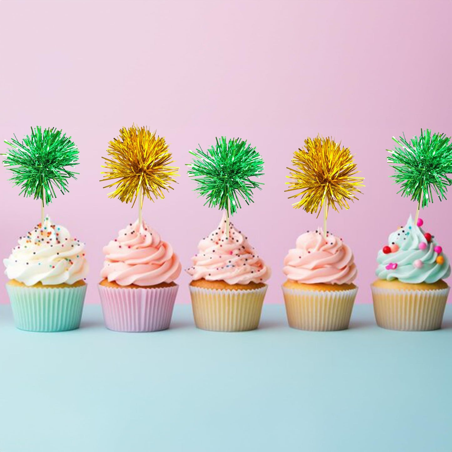 Gyufise 30Pcs Foil Firework Cupcake Toppers – Sparkle Gold & Green Party Picks