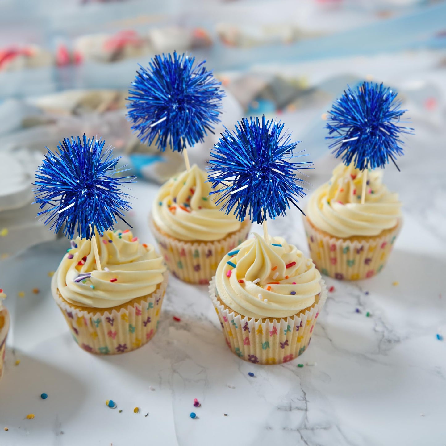 Gyufise 30Pcs Foil Firework Cupcake Toppers - Sparkle Tinsel Cake Decor (Dark Blue)
