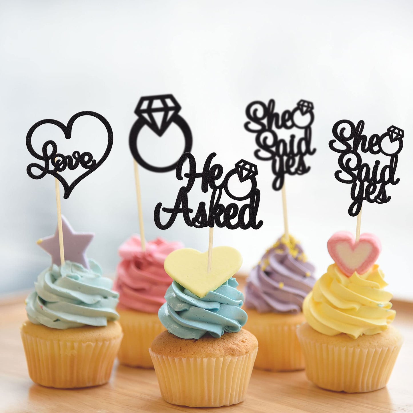 Gyufise 24 Pack Black Glitter He Asked She Said Yes Cupcake Toppers | Wedding & Bridal Shower Decor