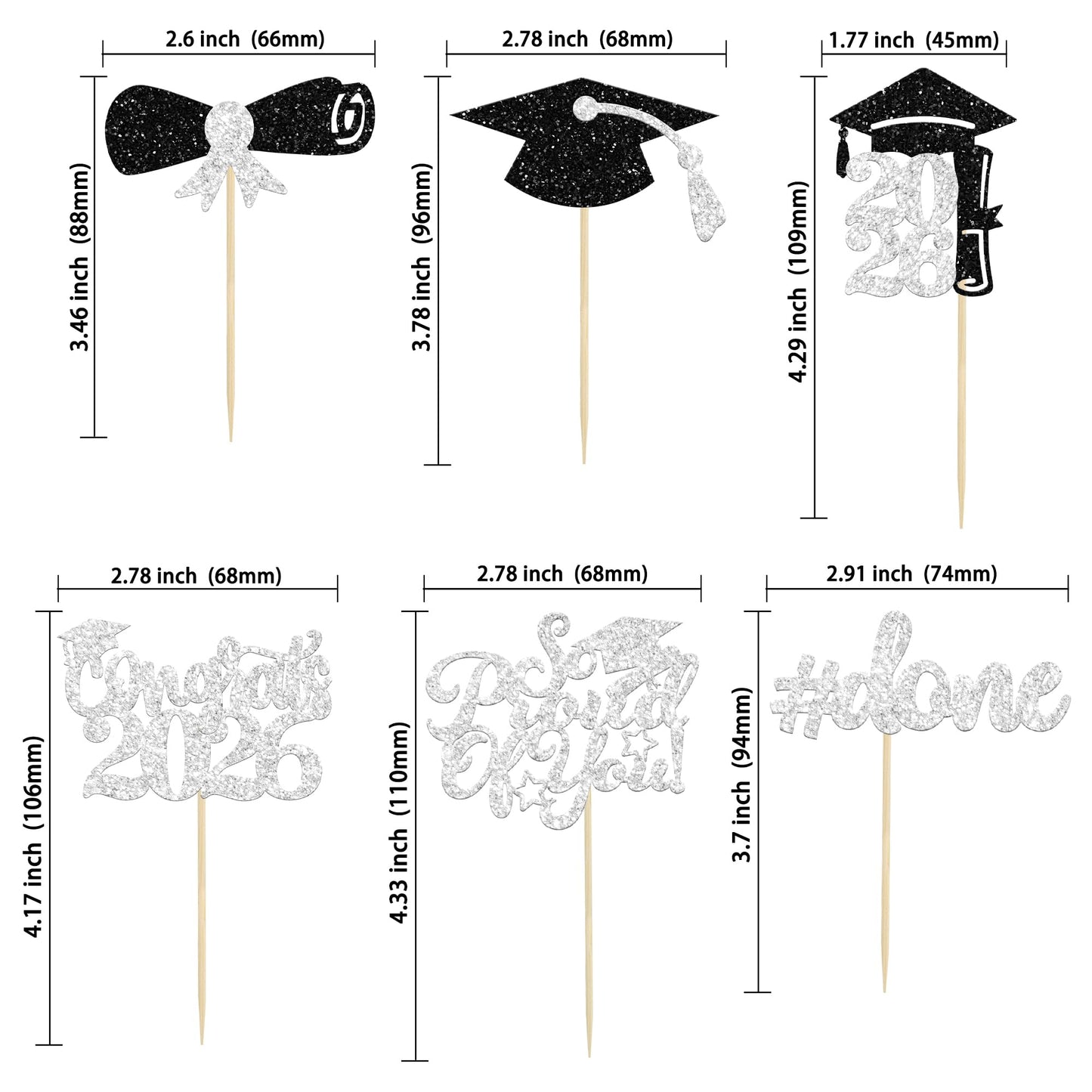 Gyufise 24Pcs Graduation Cupcake Toppers 2026 — Silver Glitter Class of 2026 Decor