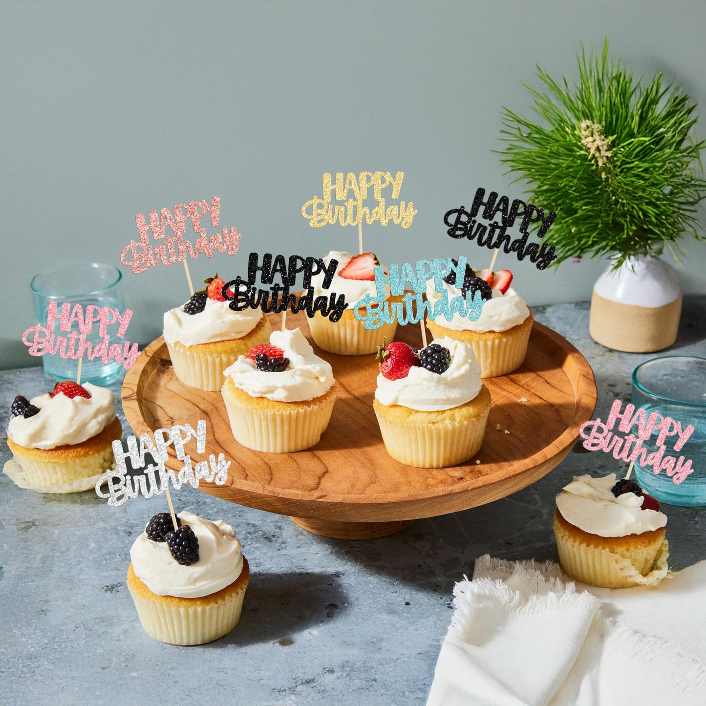 Gyufise 24Pcs Glitter Birthday Cupcake Toppers – 6 Colors, Ready-to-Insert Party Decor