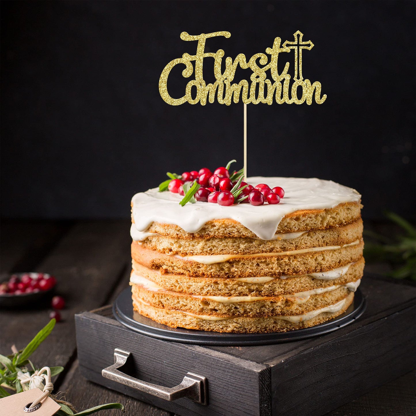 Gyufise Gold Glitter First Communion Cake Topper – 1Pcs God Bless Decoration