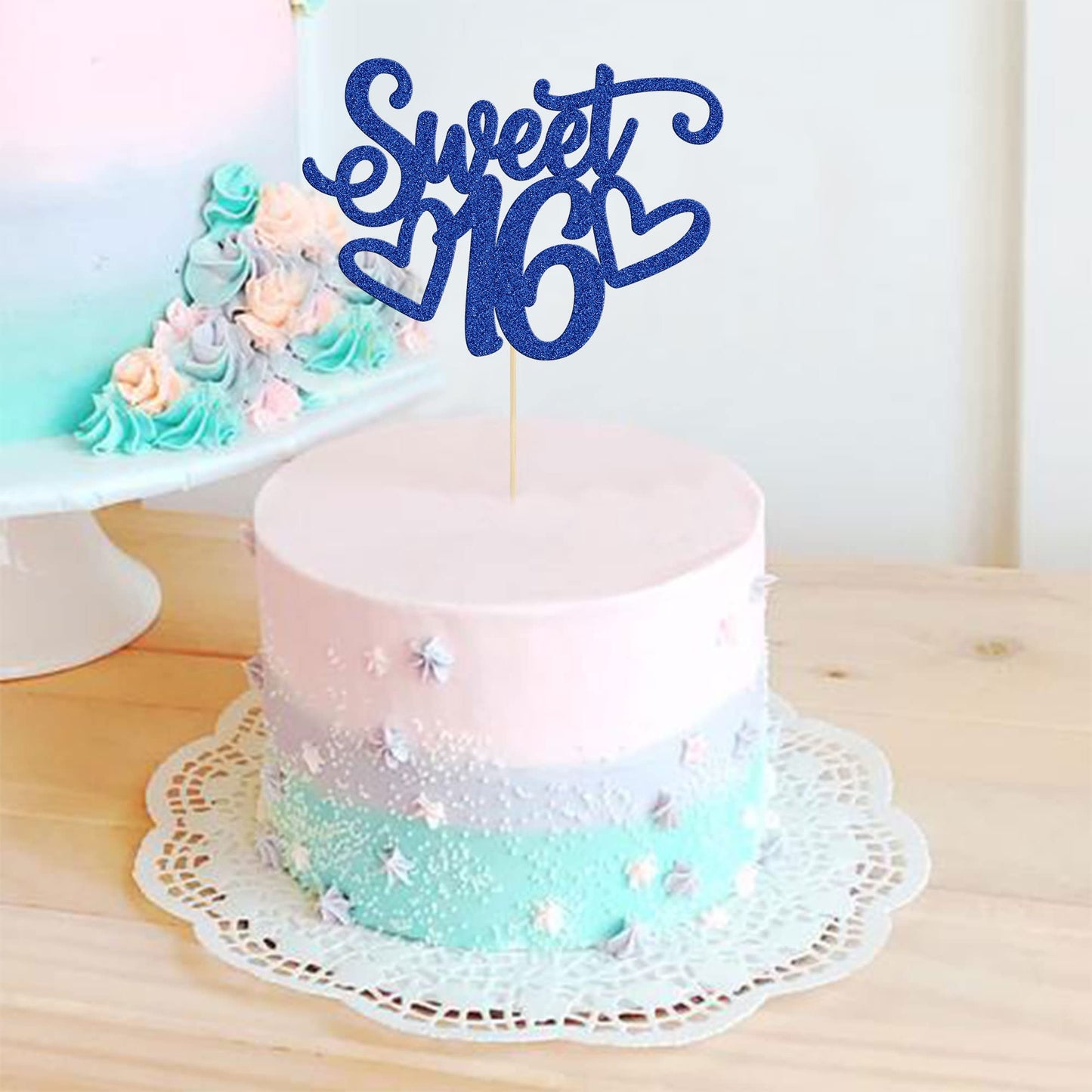 Gyufise 1Pc Sweet 16 Cake Topper – Blue Glitter for 16th Birthday Party