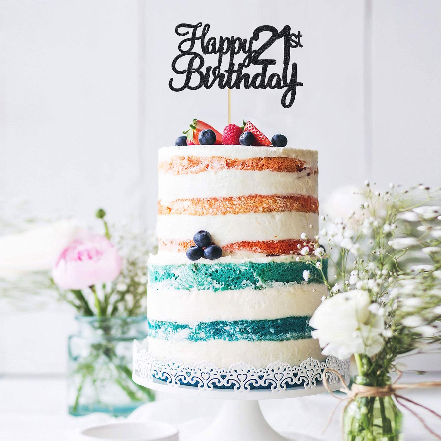 Gyufise 21st Birthday Cake Topper - Black Glitter Happy 21 Cake Decoration