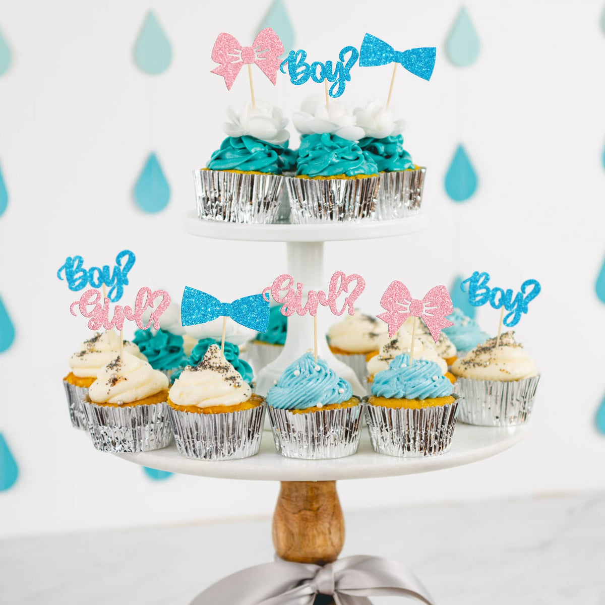 Gyufise 36Pcs Boy or Girl Cupcake Toppers Glitter Bow Tie Picks for Baby Shower, Gender Reveal & Kids Birthday