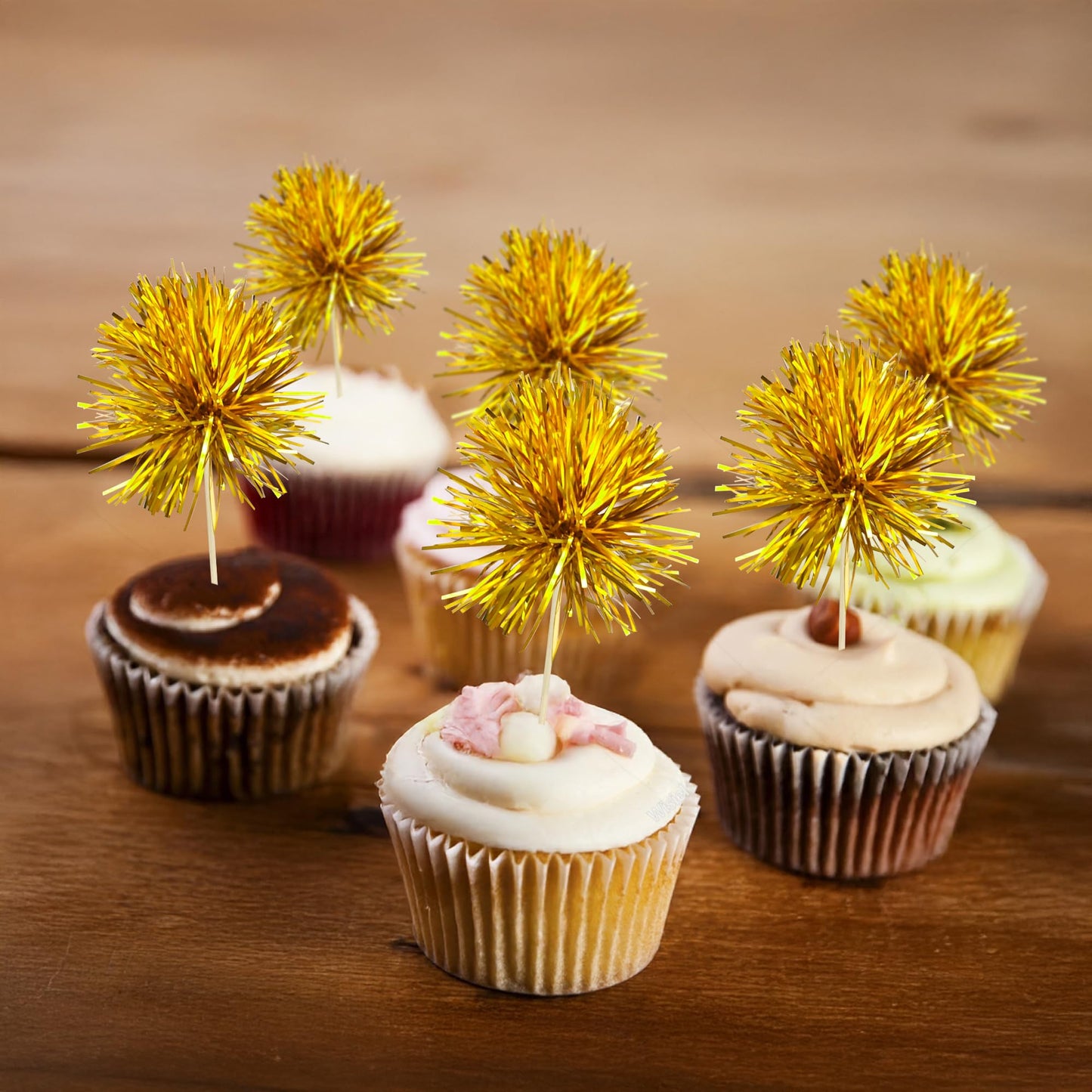 Gyufise 30Pcs Foil Firework Cupcake Toppers in Dark Gold – Sparkle Tinsel Cake Decorations