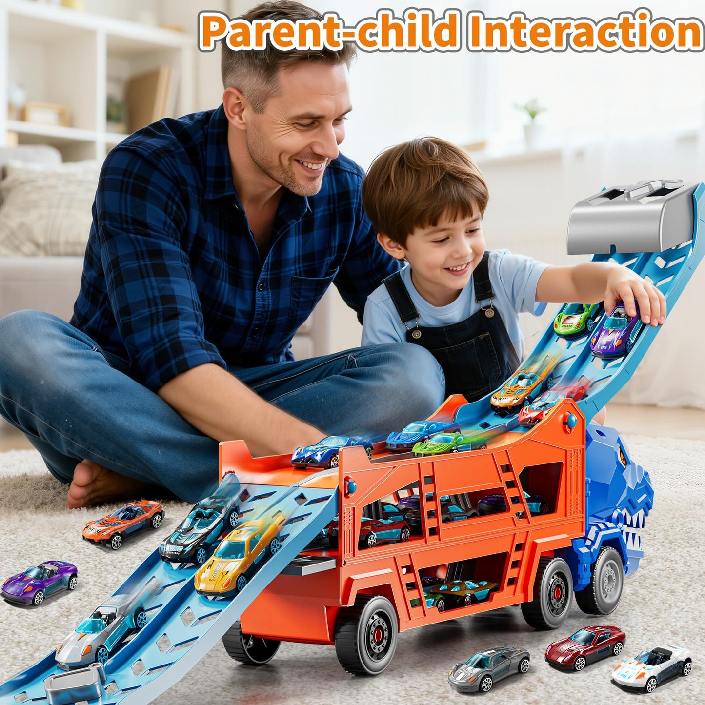 GYYCKTD Race Track Truck Toy Set – 3-in-1 Carrier with 12 Die-Cast Cars