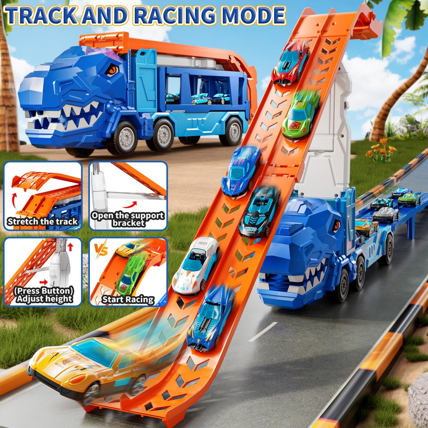 GYYCKTD Race Track Truck Toys — 12 Die-Cast Cars, 2-Tier Storage, Ramps (Ages 3-8)