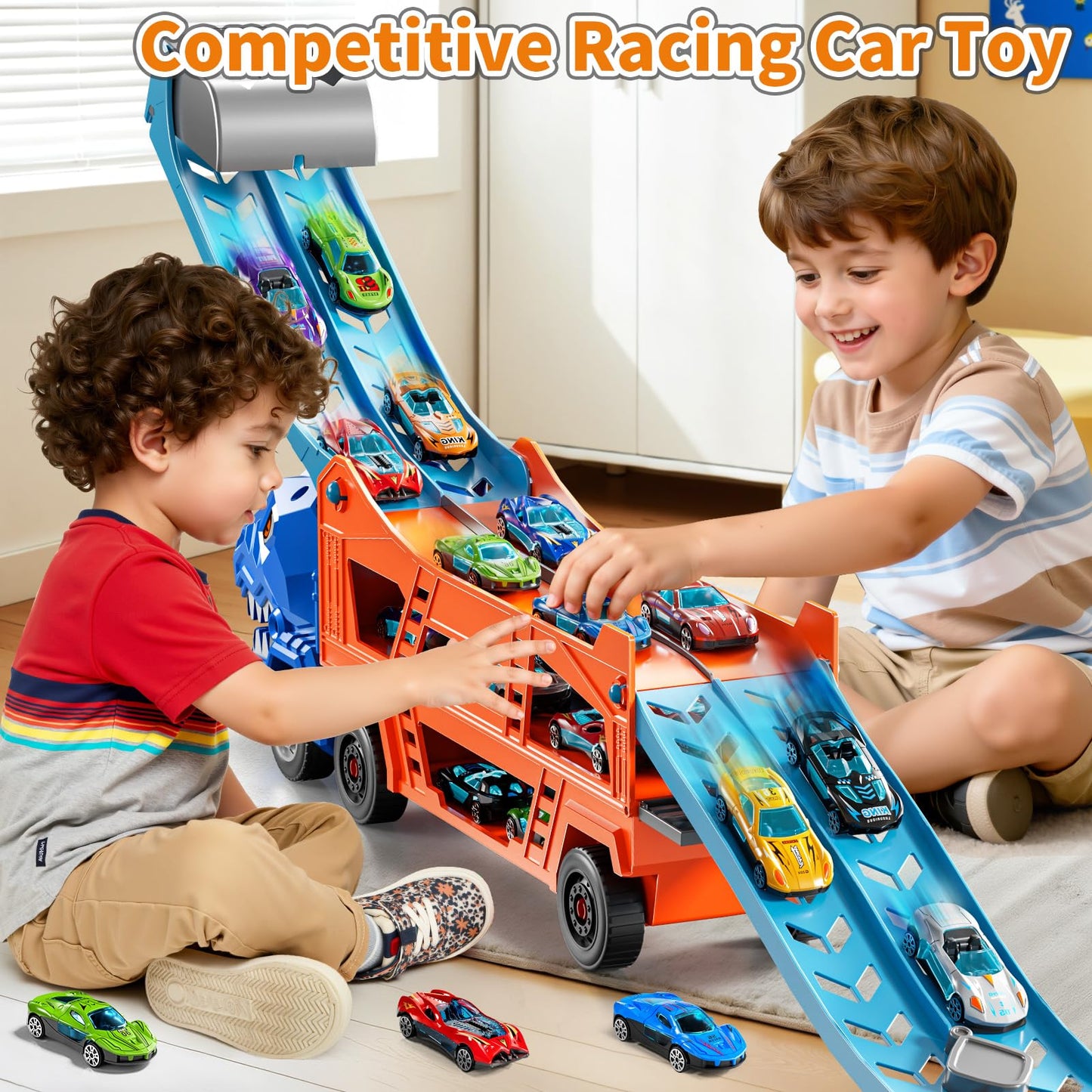 GYYCKTD Race Track Truck Toy Set – 3-in-1 Carrier with 12 Die-Cast Cars