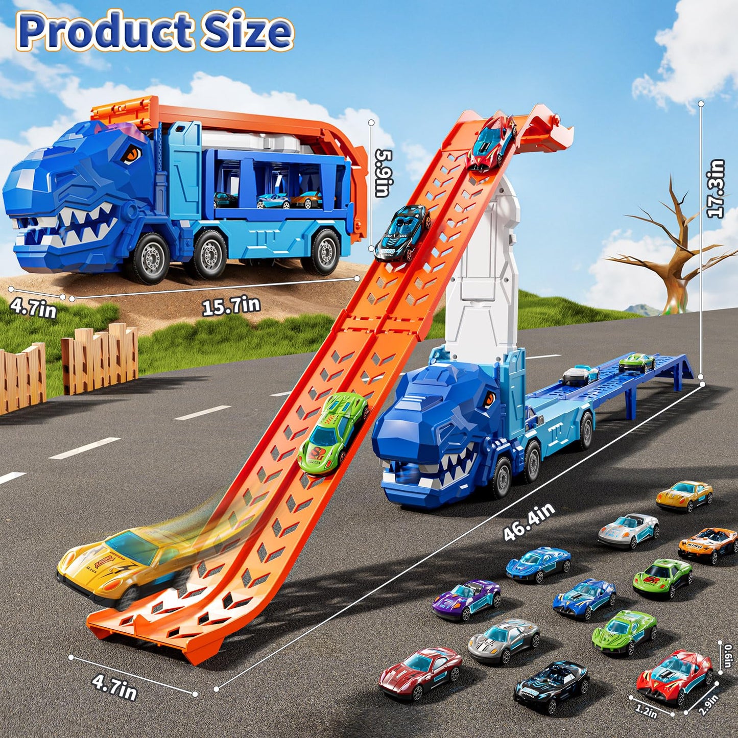 GYYCKTD Race Track Truck Toys — 12 Die-Cast Cars, 2-Tier Storage, Ramps (Ages 3-8)