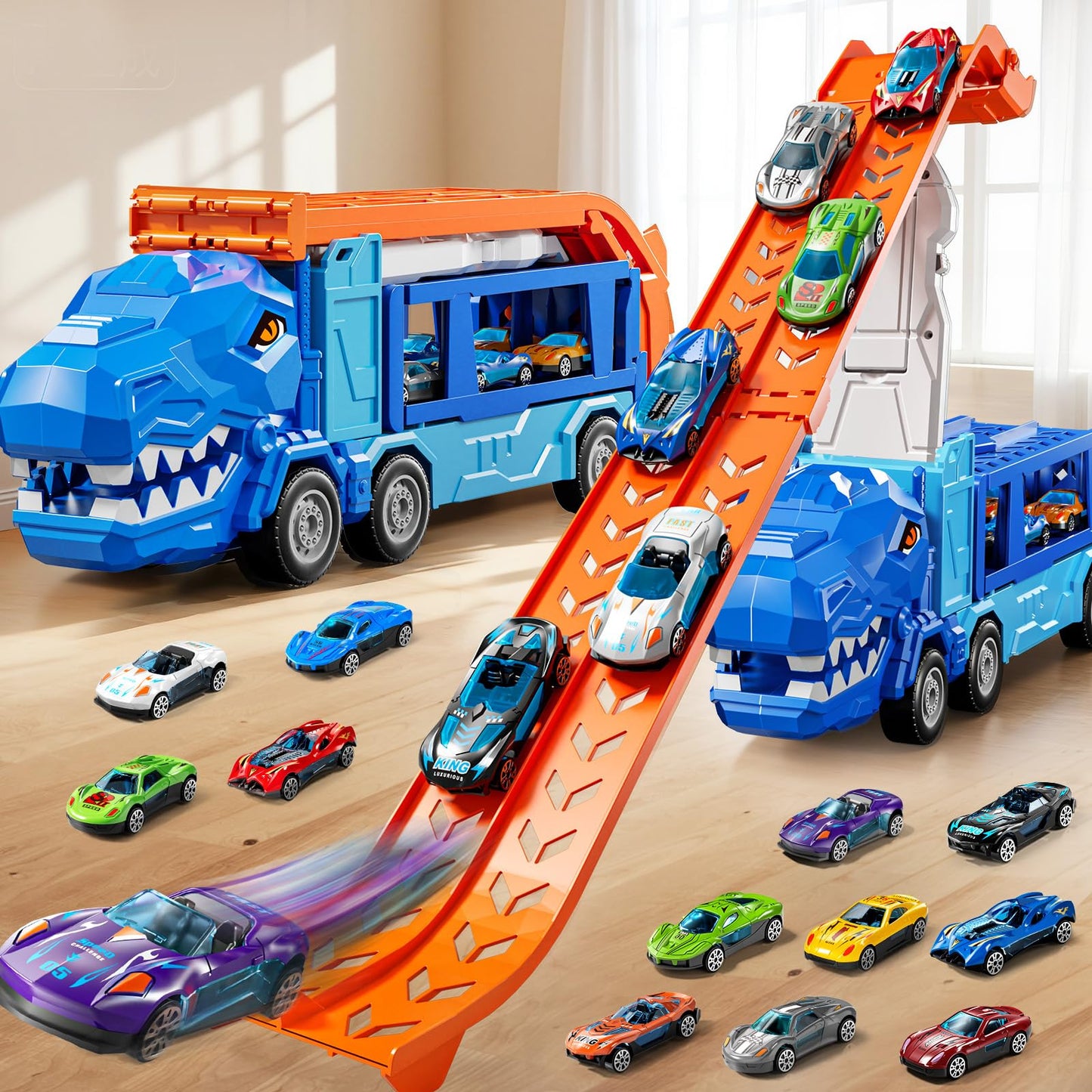 GYYCKTD Race Track Truck Toys — 12 Die-Cast Cars, 2-Tier Storage, Ramps (Ages 3-8)