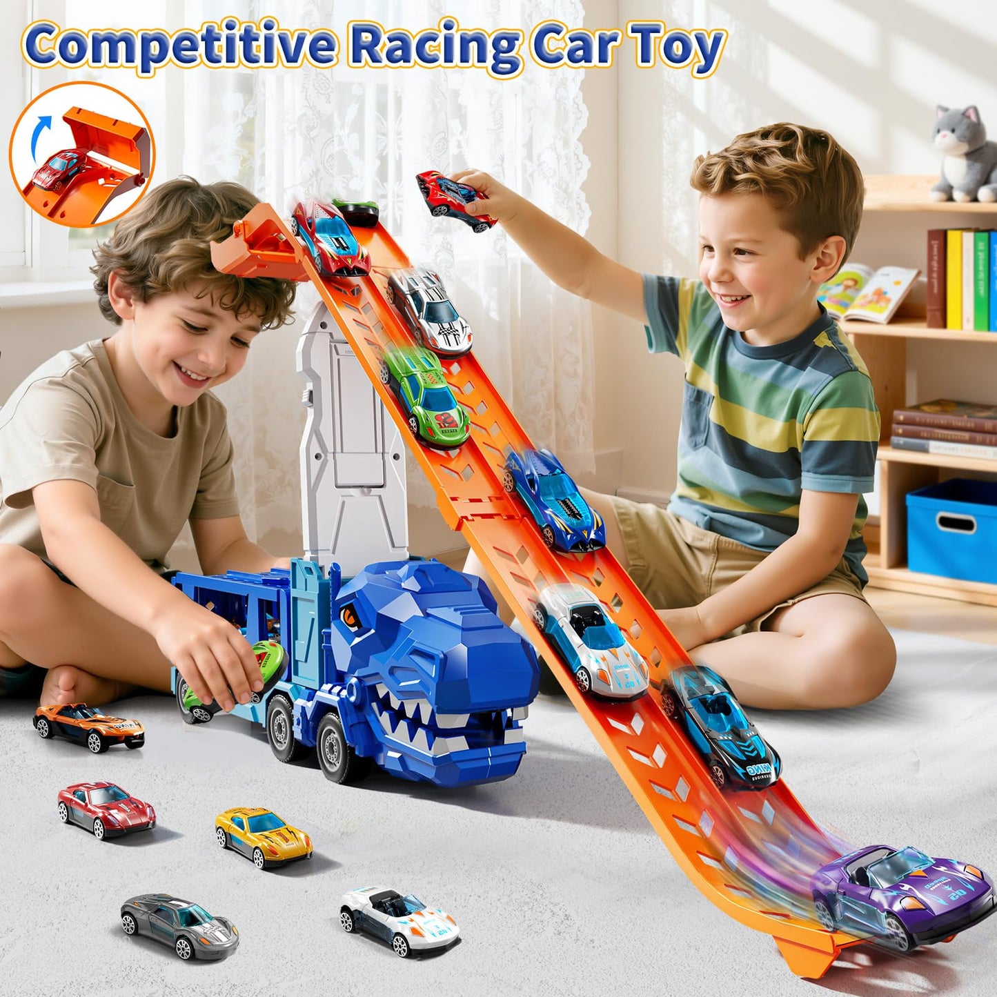 GYYCKTD Race Track Truck Toys — 12 Die-Cast Cars, 2-Tier Storage, Ramps (Ages 3-8)