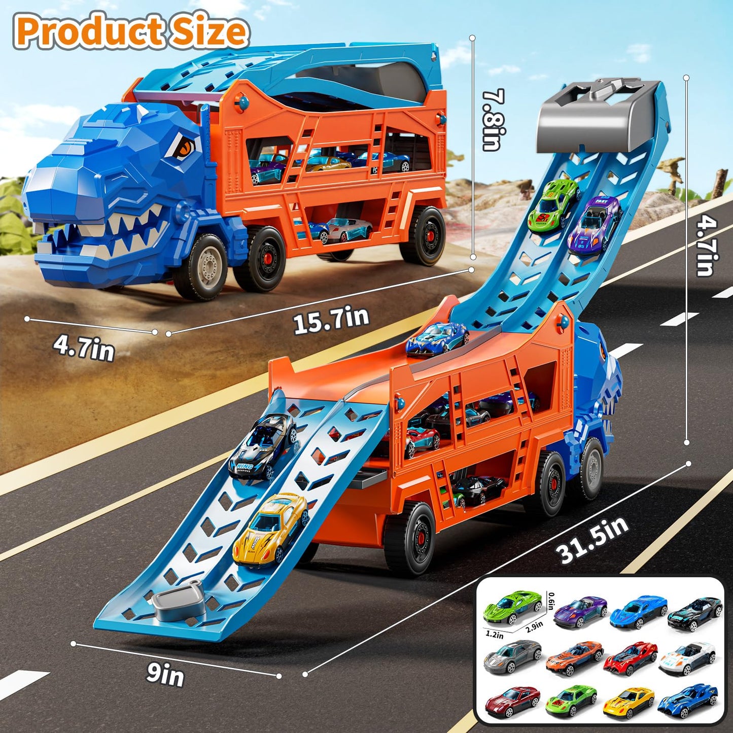 GYYCKTD Race Track Truck Toy Set – 3-in-1 Carrier with 12 Die-Cast Cars