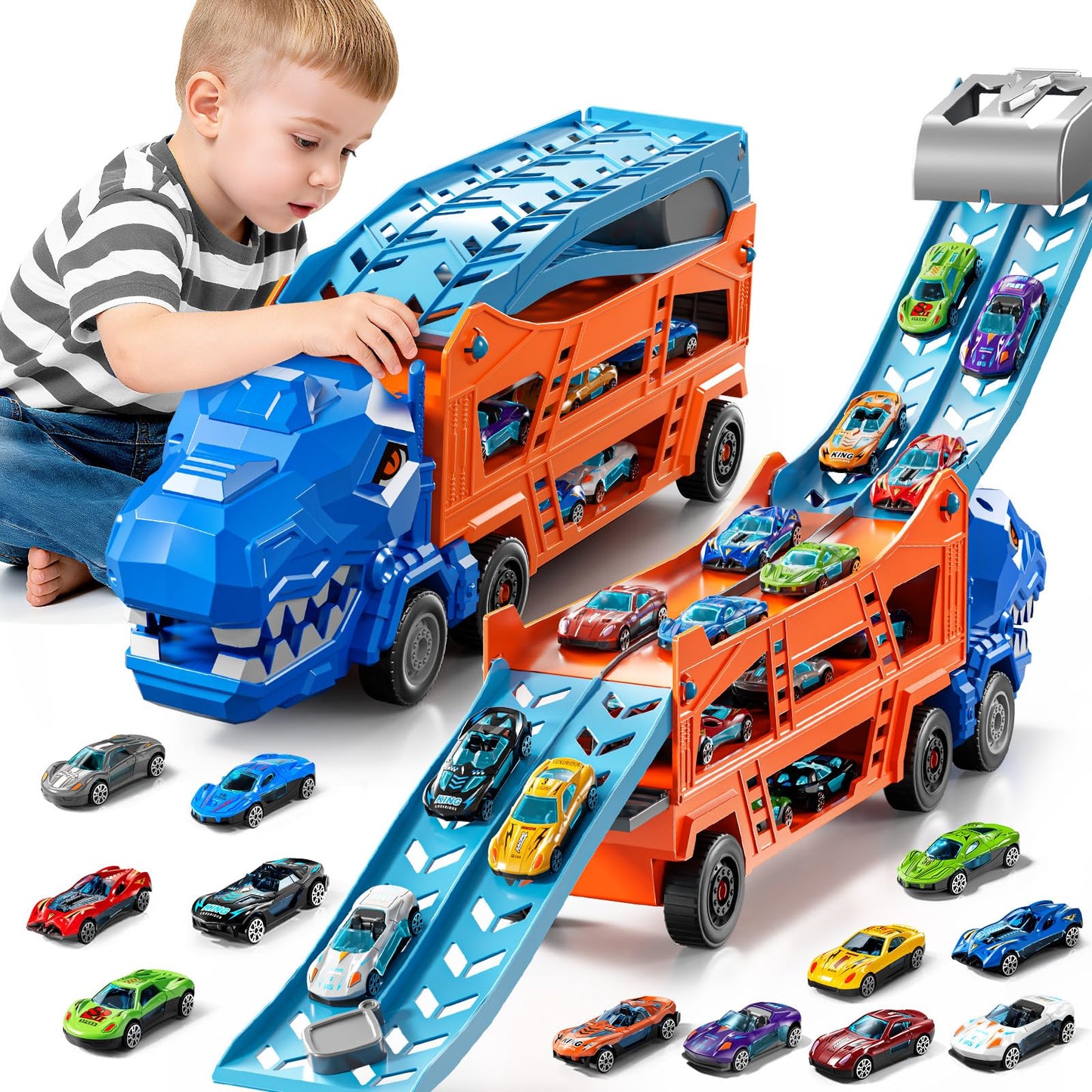 GYYCKTD Race Track Truck Toy Set – 3-in-1 Carrier with 12 Die-Cast Cars