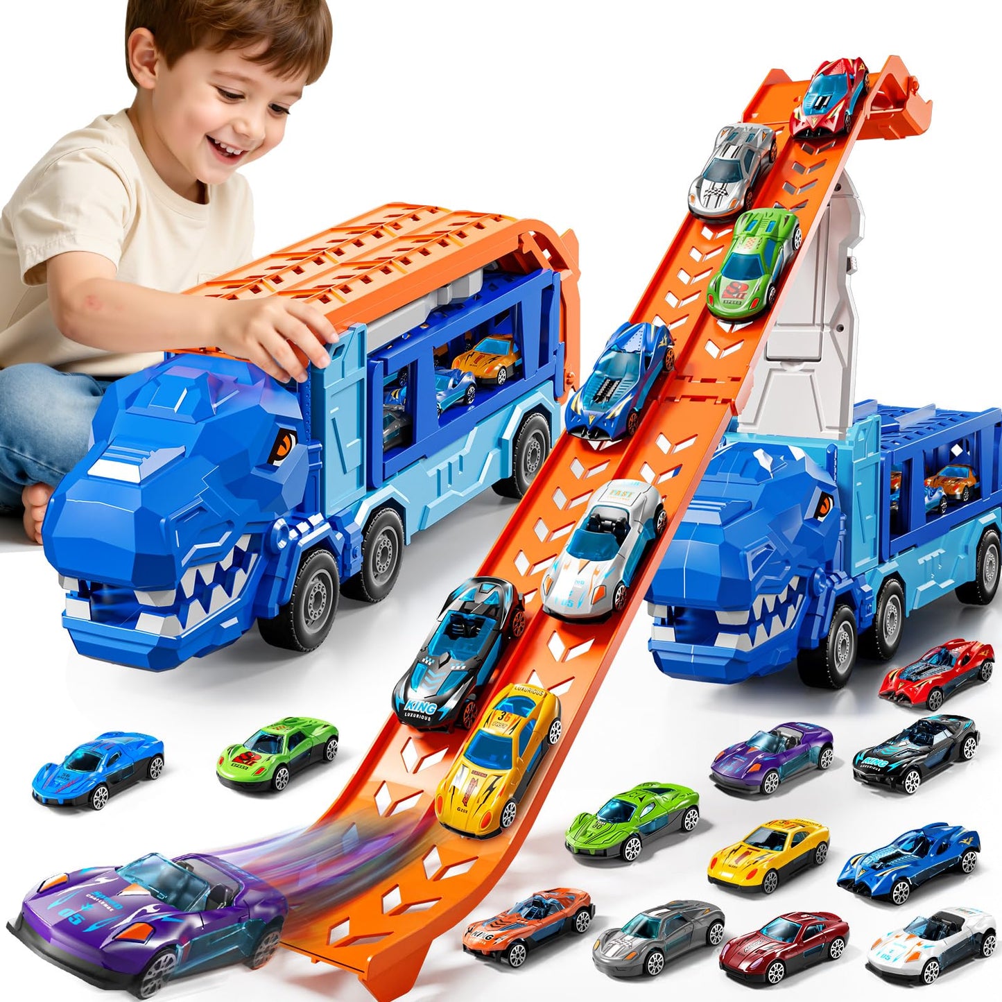 GYYCKTD Race Track Truck Toys — 12 Die-Cast Cars, 2-Tier Storage, Ramps (Ages 3-8)