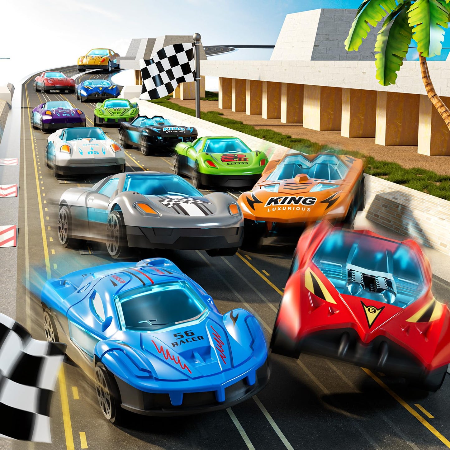 GYYCKTD Race Track Truck Toys — 12 Die-Cast Cars, 2-Tier Storage, Ramps (Ages 3-8)