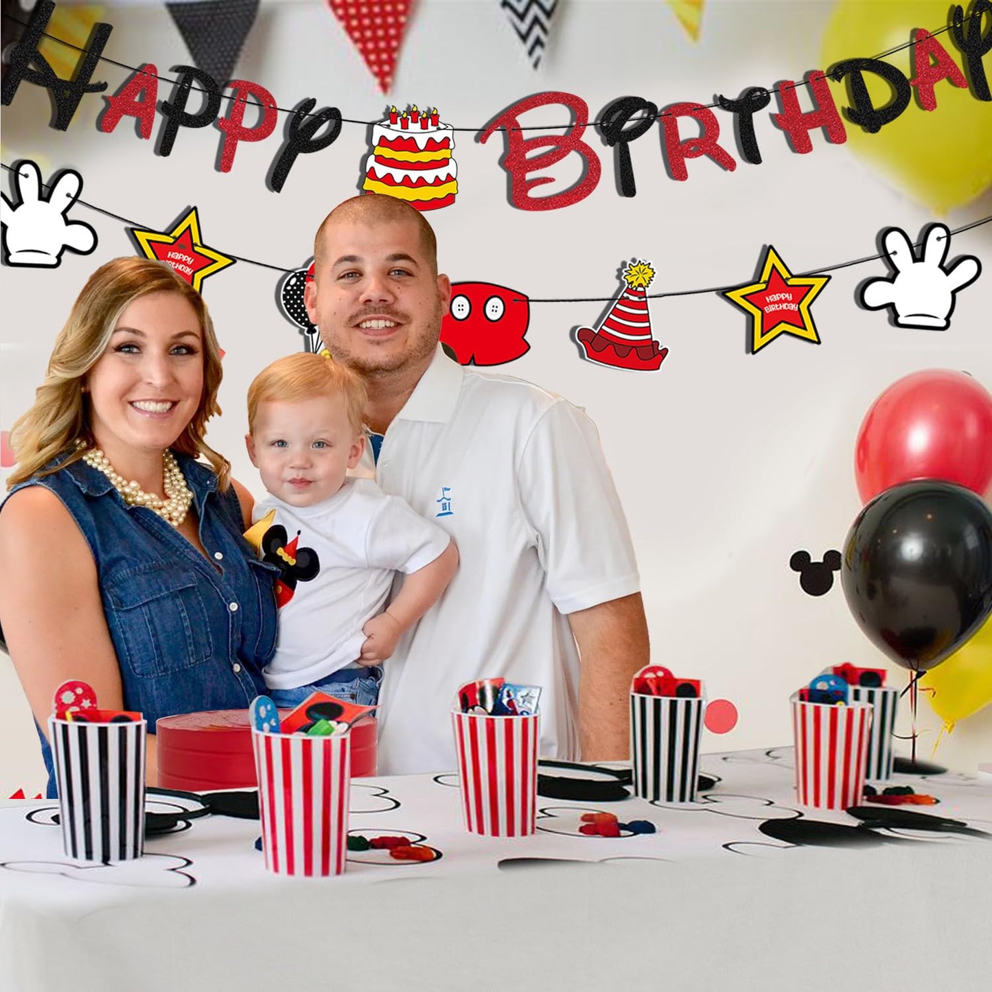 GZDUCK Mouse Birthday Decorations for Boys - Black Red Glitter Banner & Cartoon Theme
