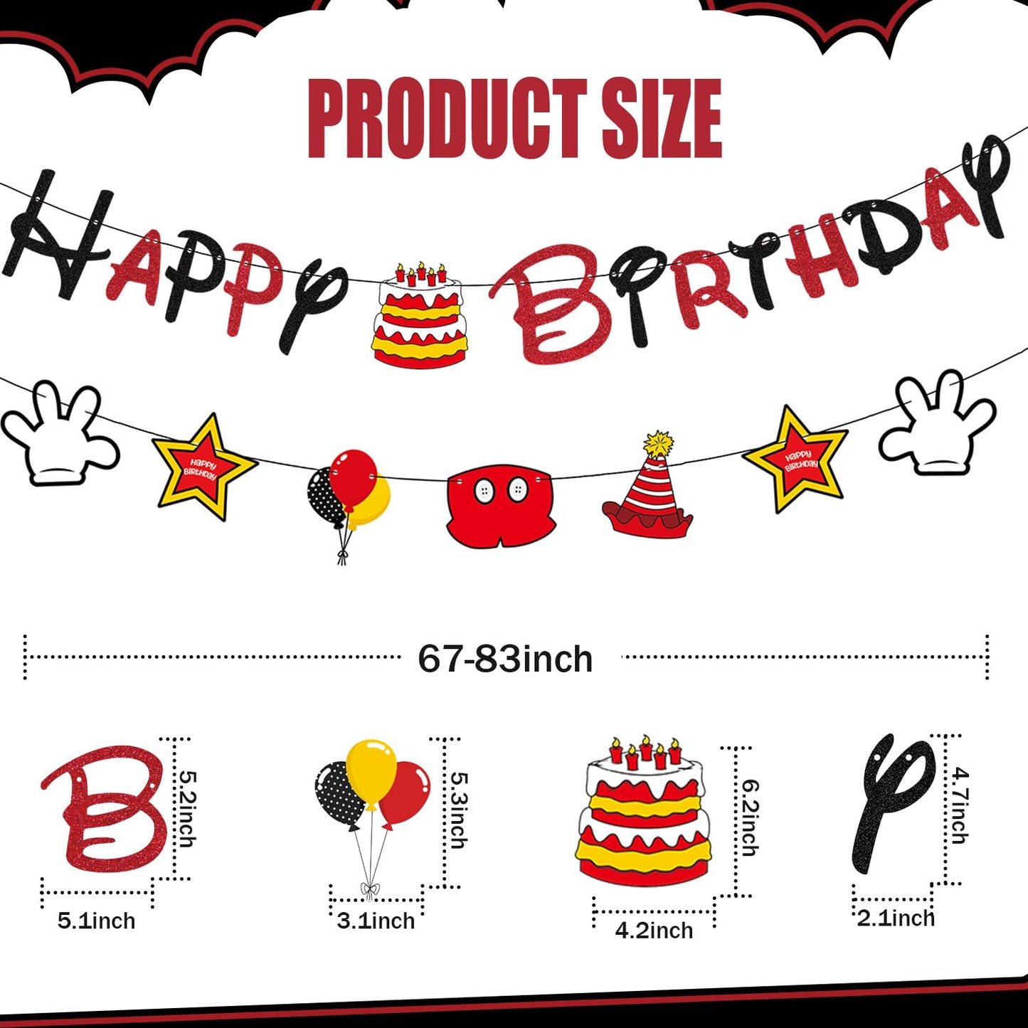 GZDUCK Mouse Birthday Decorations for Boys - Black Red Glitter Banner & Cartoon Theme