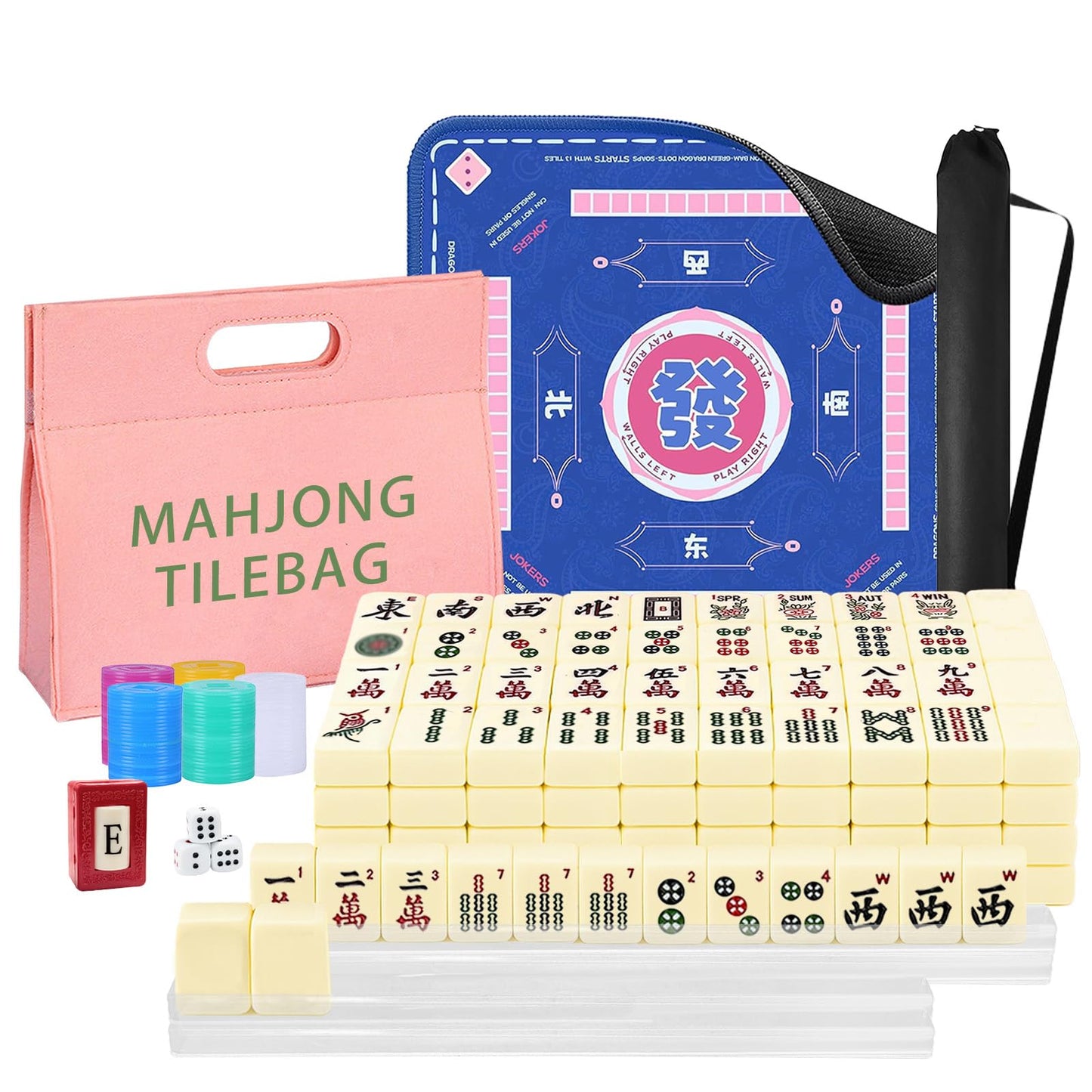 GZIXBDA American Mahjong Tiles Set – Portable 166-Tile Travel Mahjong with Mat, Racks, Coins & Dice