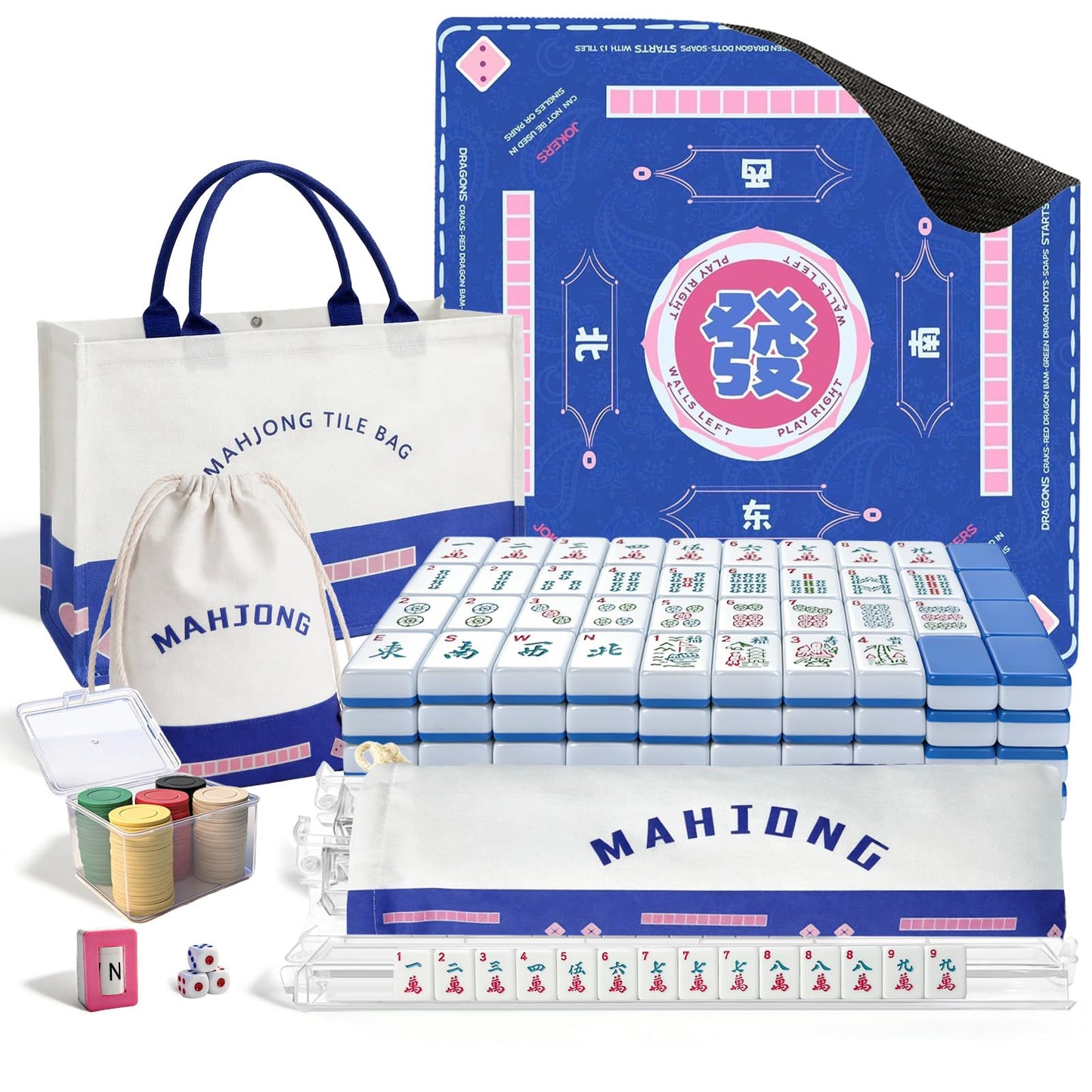 GZIXBDA American Mahjong Tiles Set with Noise-Reducing Mat – 166 Tiles, 4 Color Racks, Dice, and Portable Storage