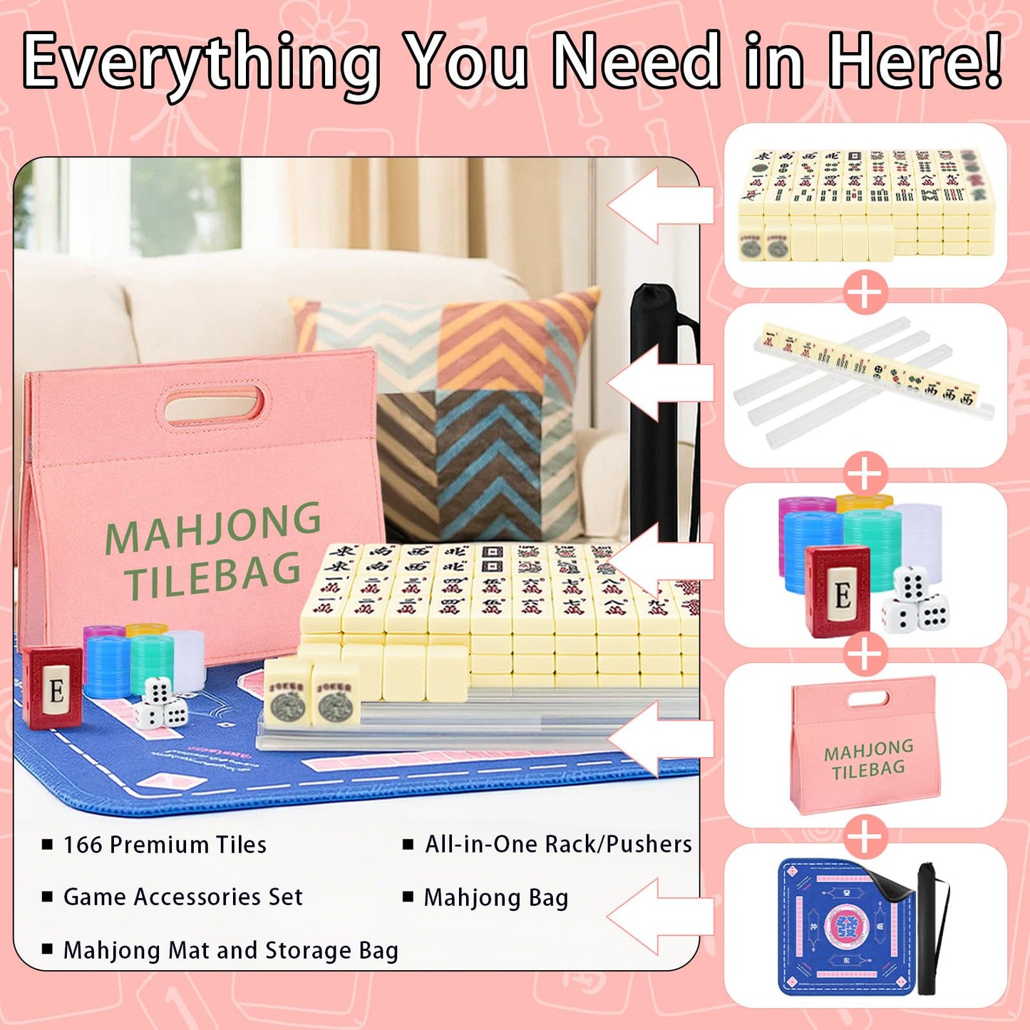 GZIXBDA American Mahjong Tiles Set – Portable 166-Tile Travel Mahjong with Mat, Racks, Coins & Dice